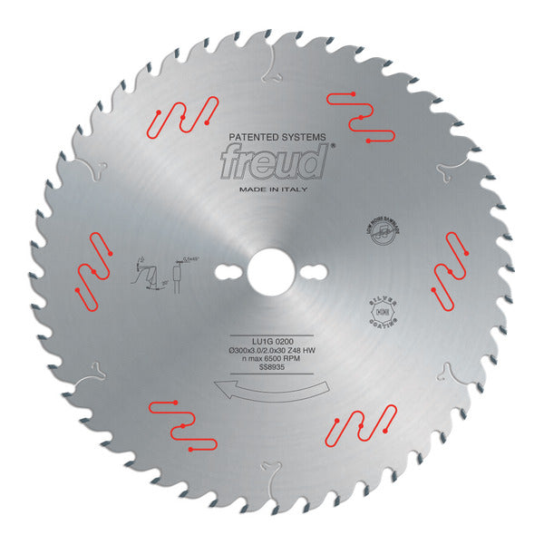 Freud 008925050773 300mm x 48T Carbide Tipped Blade for Ripping & Crosscutting, Rounded tooth on the side.