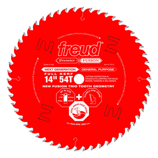 Freud 008925063902 14" x 54T Premier Fusion General Purpose Blade for Crosscuts (3/8" to 3-1/2") & Rips (3/4" to 1-1/2") wood, laminate, veneered plywood, hardwoods & melamine.