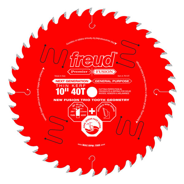 Freud 008925087120 10" x 40T Thin Kerf Next Generation Premier Fusion General Purpose Blade for Crosscuts (3/8" to 3-1/2") & Rips (3/4" to 1-1/2") wood, laminate, veneered plywood, hardwoods & melamine.