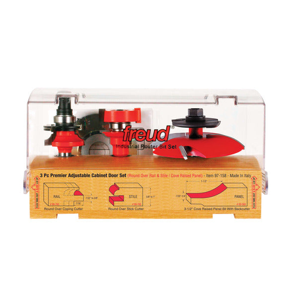 Freud 008925087571 3 Piece Premier Adjustable Cabinet Bit Set, round over & bevel with backcutter profile