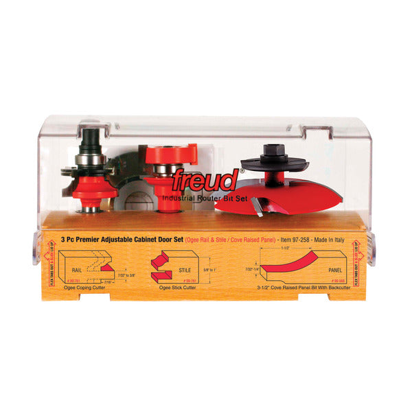 Freud 008925087618 3 Piece Premier Adjustable Cabinet Bit Set, ogee & cove with backcutter profile