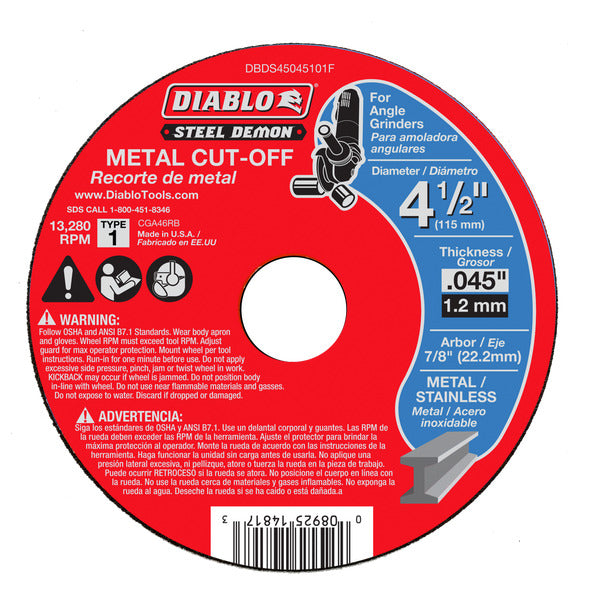 Diablo 008925148173 4-1/2" x 0.045" x 7/8" Steel Demon Metal Cut-Off Disc - Type 1