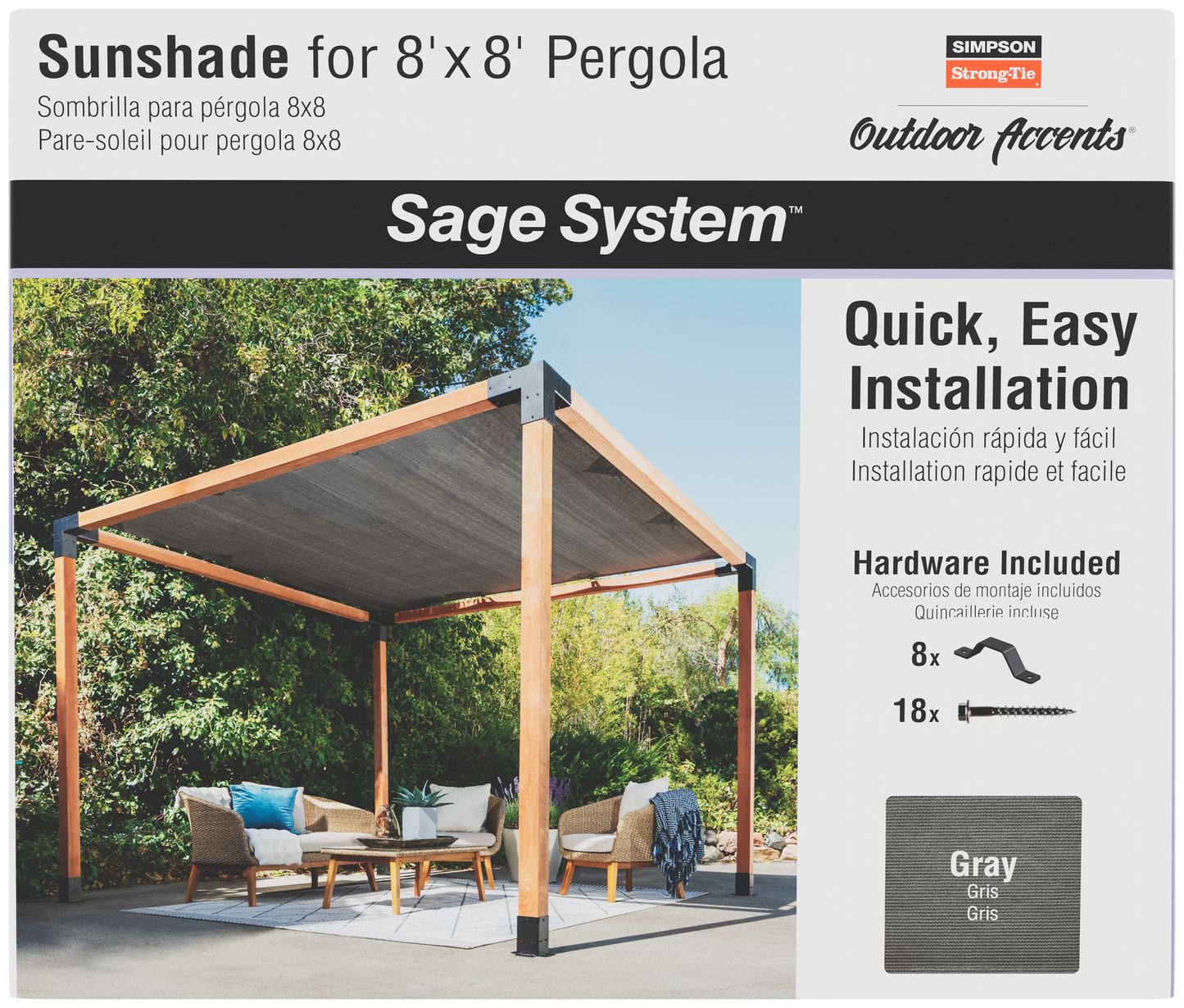 Simpson Strong-Tie SAGE-SHADE8X8G Outdoor Accents® Sage-Shade™ Sunshade for 8 ft. x 8 ft. Pergola, Gray (Pack of 51)
