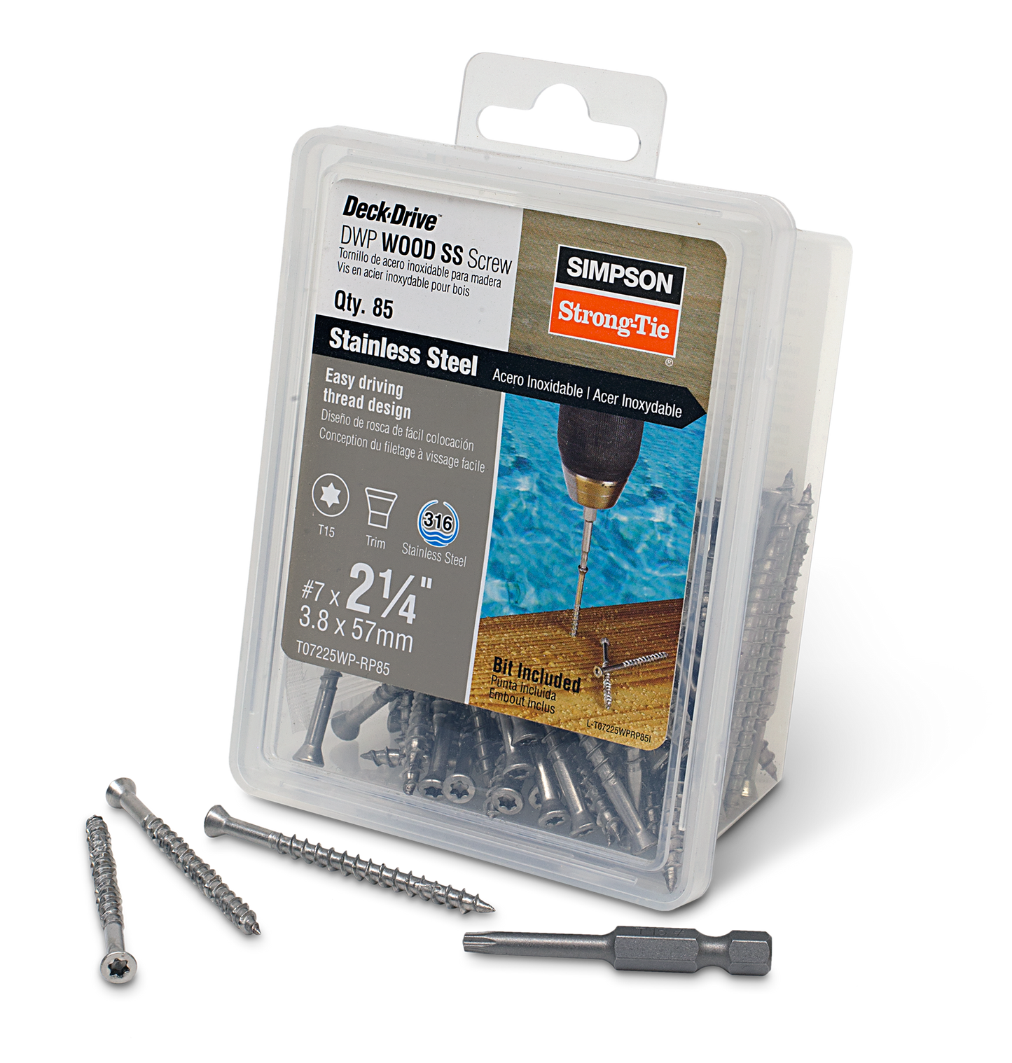 Simpson Strong-Tie T07225WP-RP85 Deck-Drive™ DWP WOOD SS Screw — #7 x 2-1/4 in. T15, Trim Head, Type 316 (85-Qty)