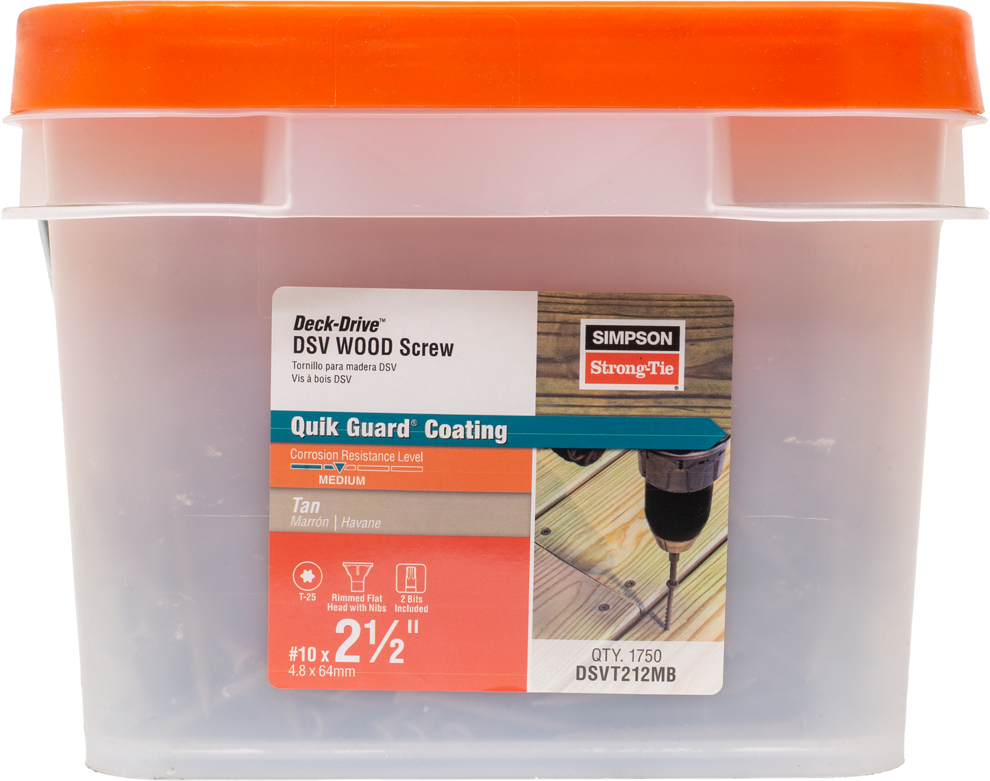 Simpson Strong-Tie DSVT212MB Deck-Drive™ DSV WOOD Screw — #10 x 2-1/2 in. T-25, Flat Head, Quik Guard®, Tan (1750-Qty) (Pack of 64)