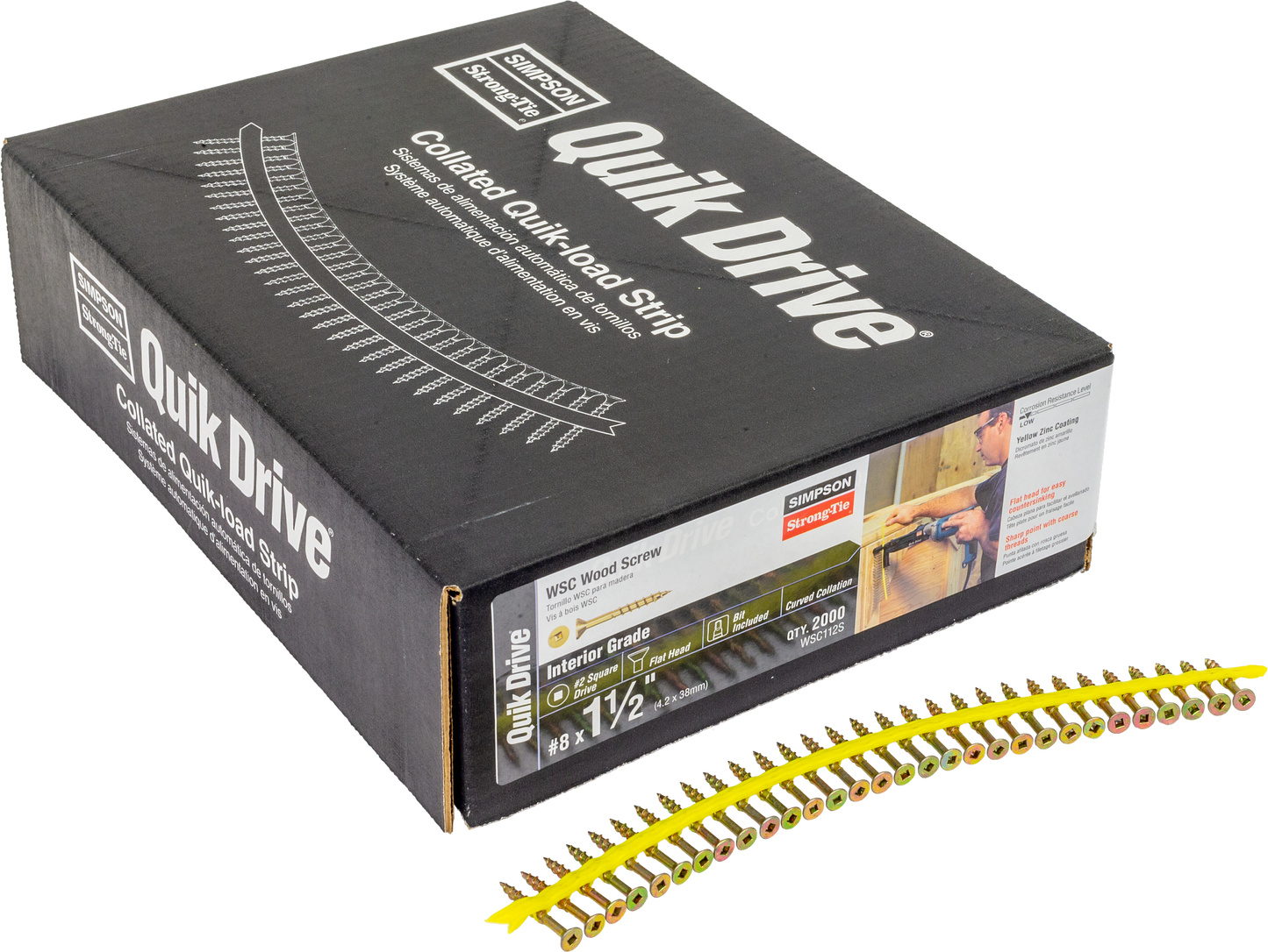 Simpson Strong-Tie WSC112S WSC Wood Screw (Collated) — #8 x 1-1/2 in. #2 Square, Flat Head, Yellow Zinc (2000-Qty) (Pack of 100)