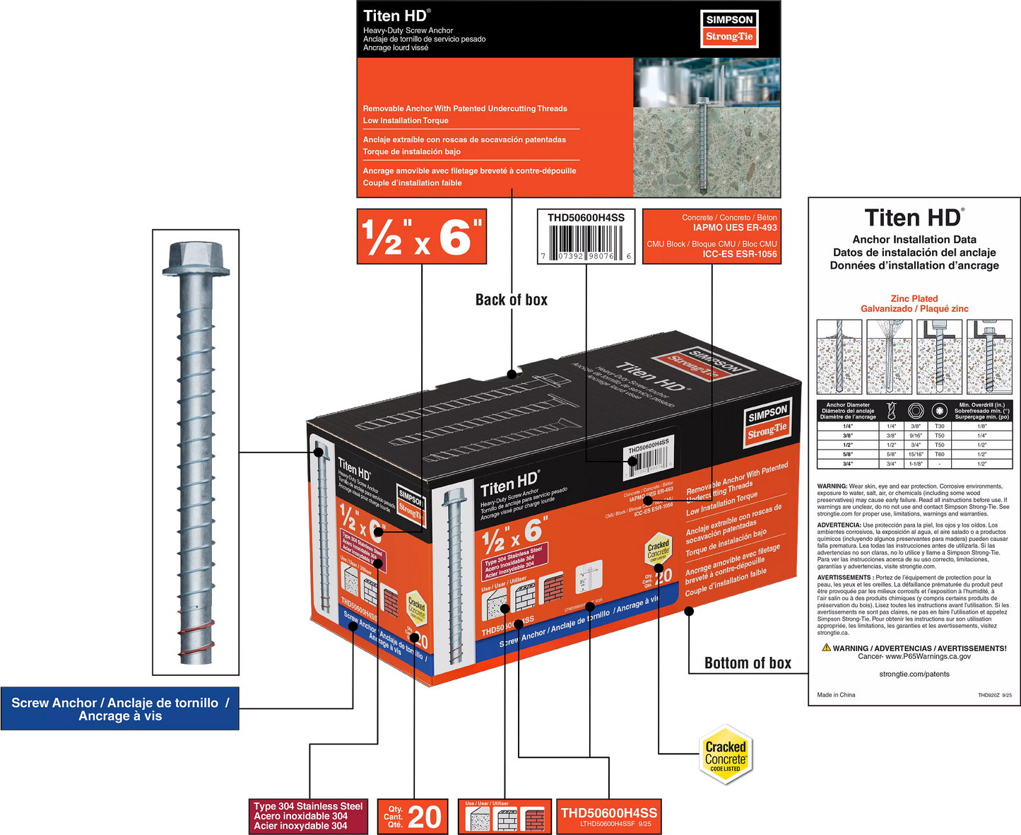 Simpson Strong-Tie THD50600H4SS Titen HD® 1/2 in. x 6 in. Type 304 Stainless-Steel Heavy-Duty Screw Anchor (20-Qty) (Pack of 240)