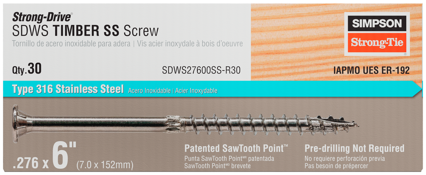 Simpson Strong-Tie SDWS27600SS-R30 Strong-Drive® SDWS™ TIMBER Screw — 0.275 in. x 6 in. T50, Type 316 (30-Qty) (Pack of 480)
