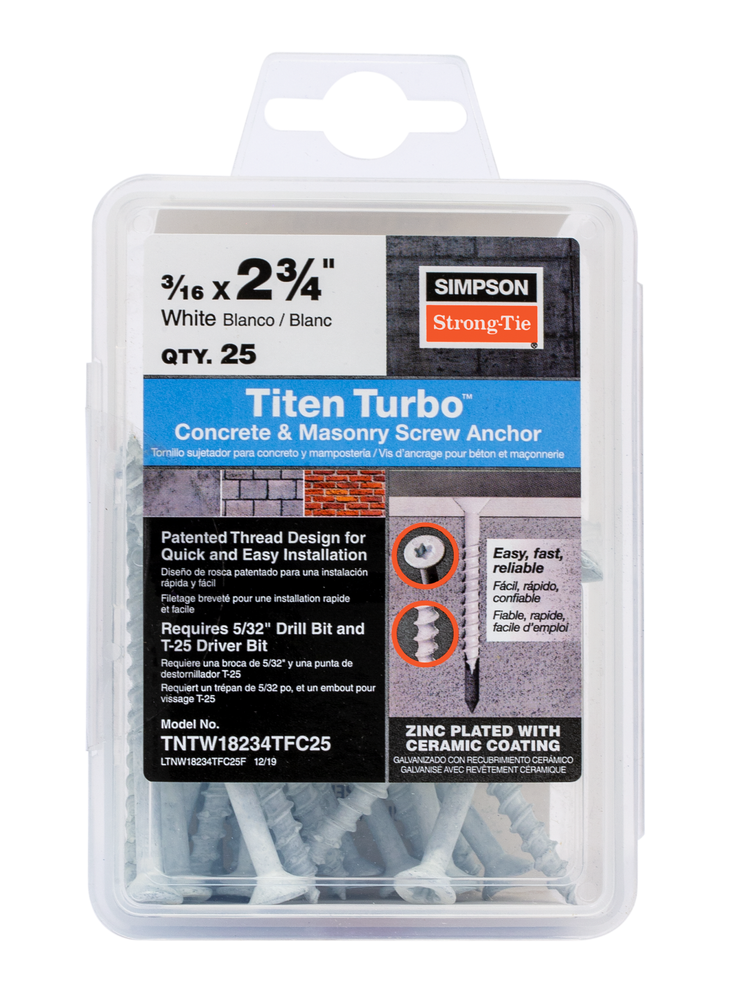 Simpson Strong-Tie TNTW18234TFC25 Titen Turbo™ — 3/16 in. x 2-3/4 in. 6-Lobe Flat-Head Concrete and Masonry Screw, White (25-Qty) (Pack of 1440)
