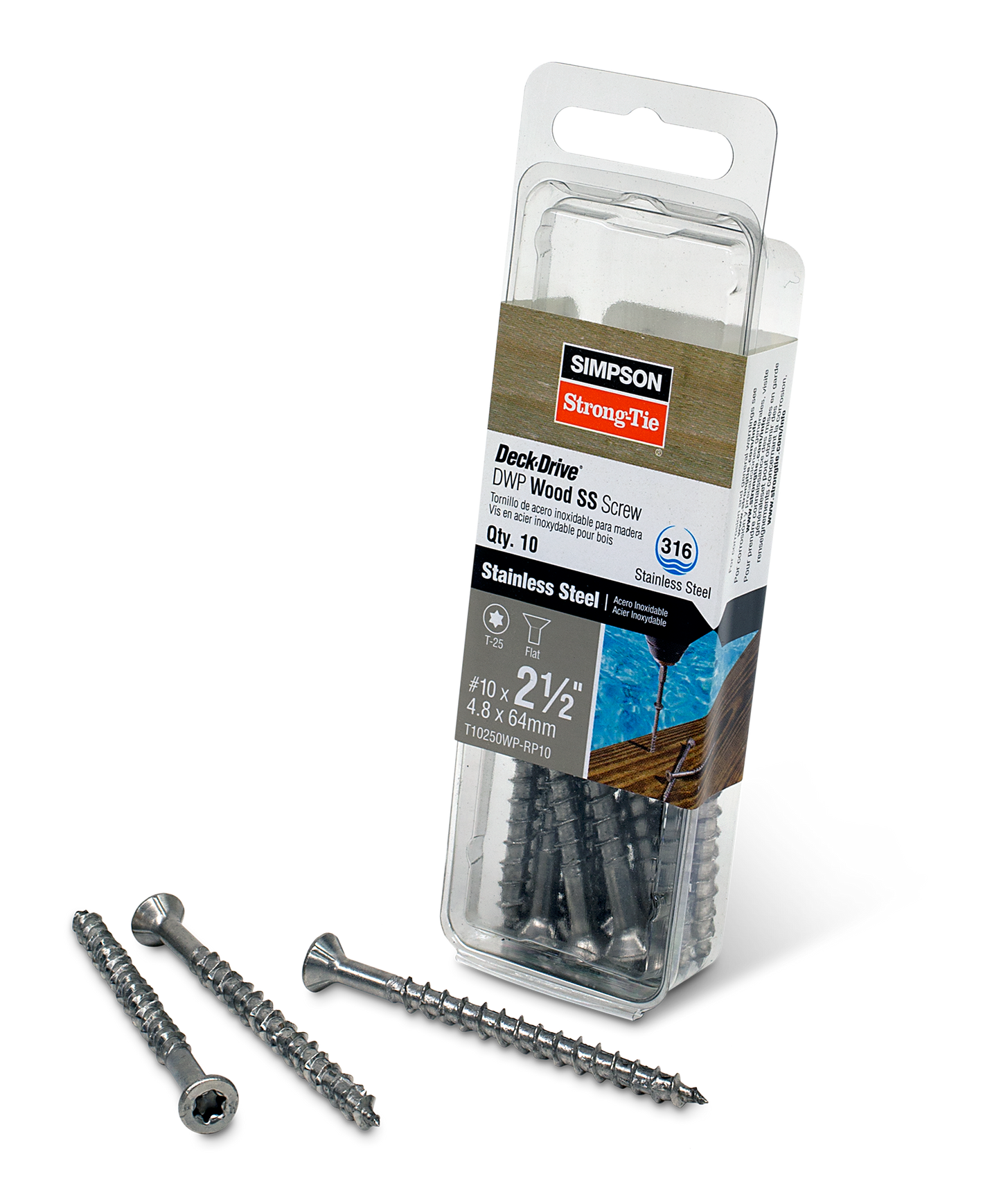 Simpson Strong-Tie T10250WP-RP10 Deck-Drive™ DWP WOOD SS Screw — #10 x 2-1/2 in. T25, Flat Head, Type 316 (10-Qty) (Pack of 3240)