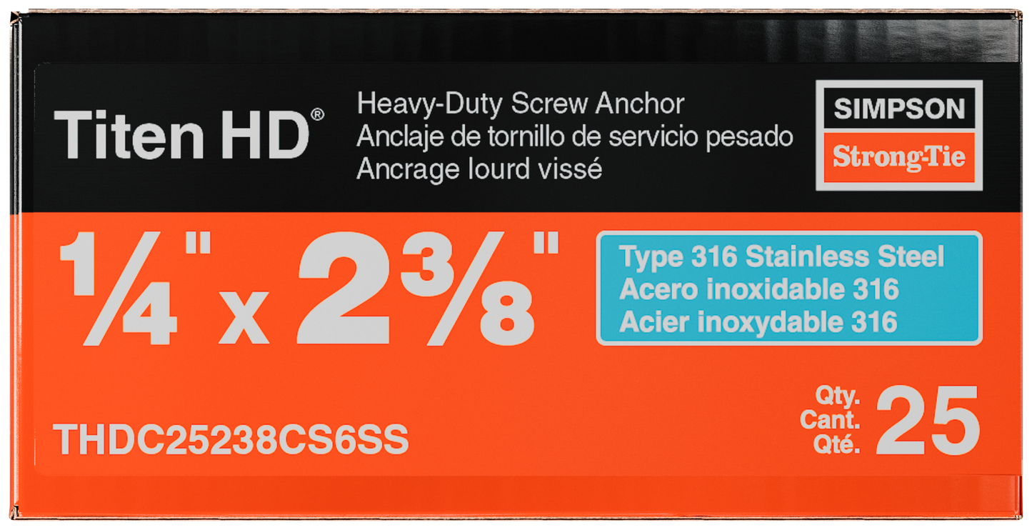 Simpson Strong-Tie THDC25238CS6SS Titen HD® 1/4 in. x 2-3/8 in. Type 316 SS Countersunk Head Heavy-Duty Screw Anchor (25-Qty) (Pack of 980)