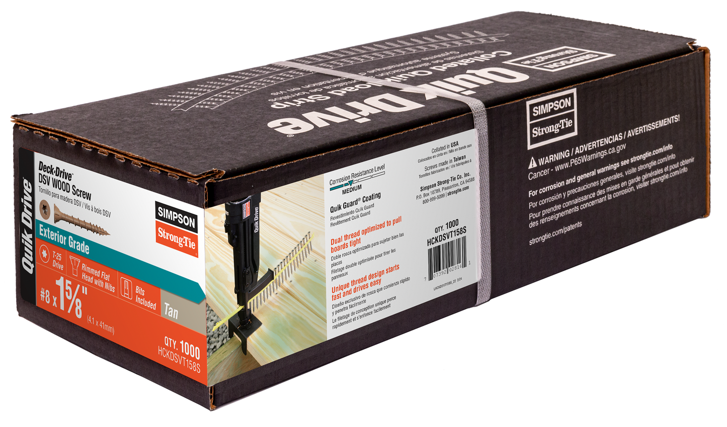 Simpson Strong-Tie HCKDSVT158S Deck-Drive™ DSV WOOD Screw (Collated) — #8 x 1-5/8 in. T25 6-Lobe, Tan (1000-Qty)