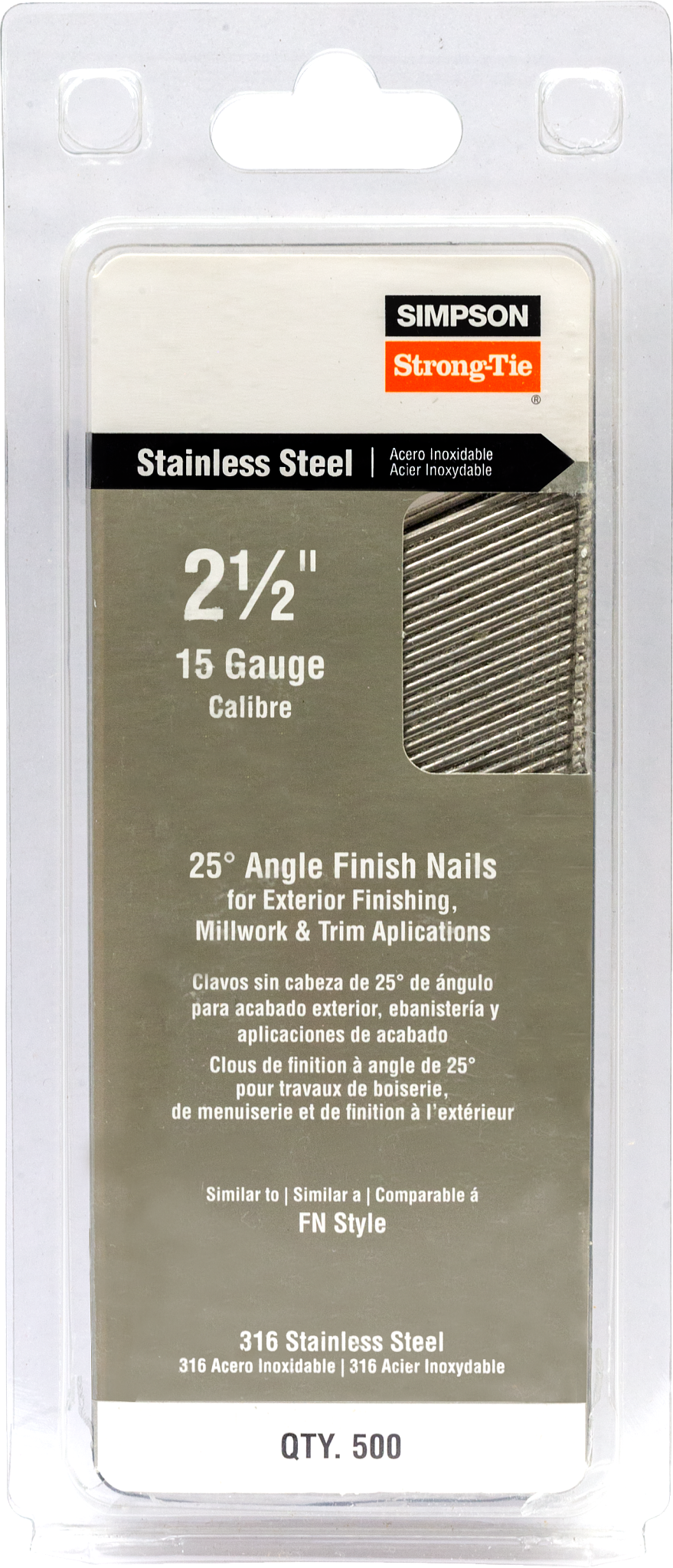 Simpson Strong-Tie T15N250FNB 25° Angle, Adhesive Collation, FN-Style, 15-Gauge Finishing Nail — 2-1/2 in. Type 316 (500-Qty) (Pack of 5)