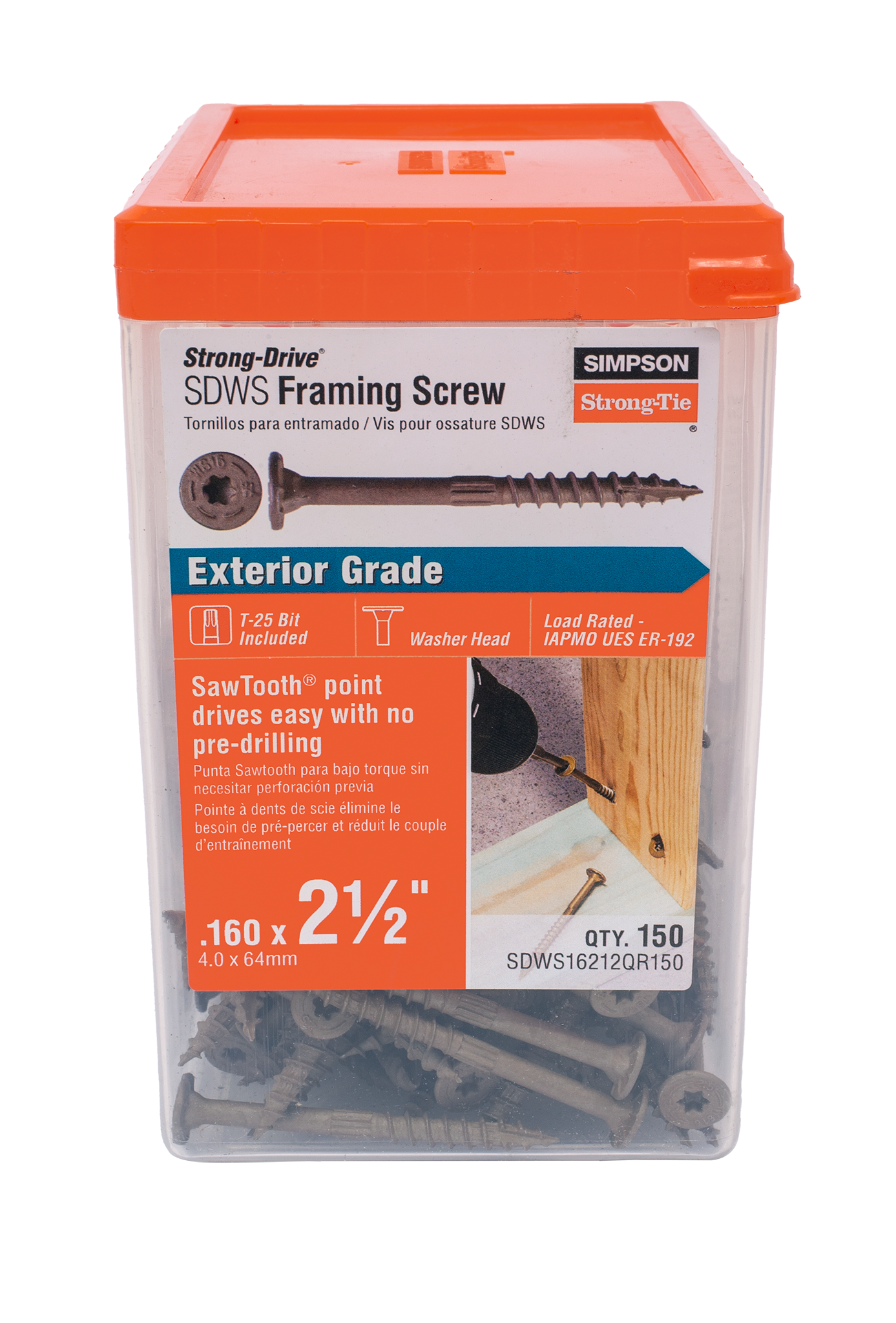 Simpson Strong-Tie SDWS16212QR150 Strong-Drive® SDWS™ FRAMING Screw — 0.160 in. x 2-1/2 in. T25, Quik Guard®, Tan (150-Qty) (Pack of 3)