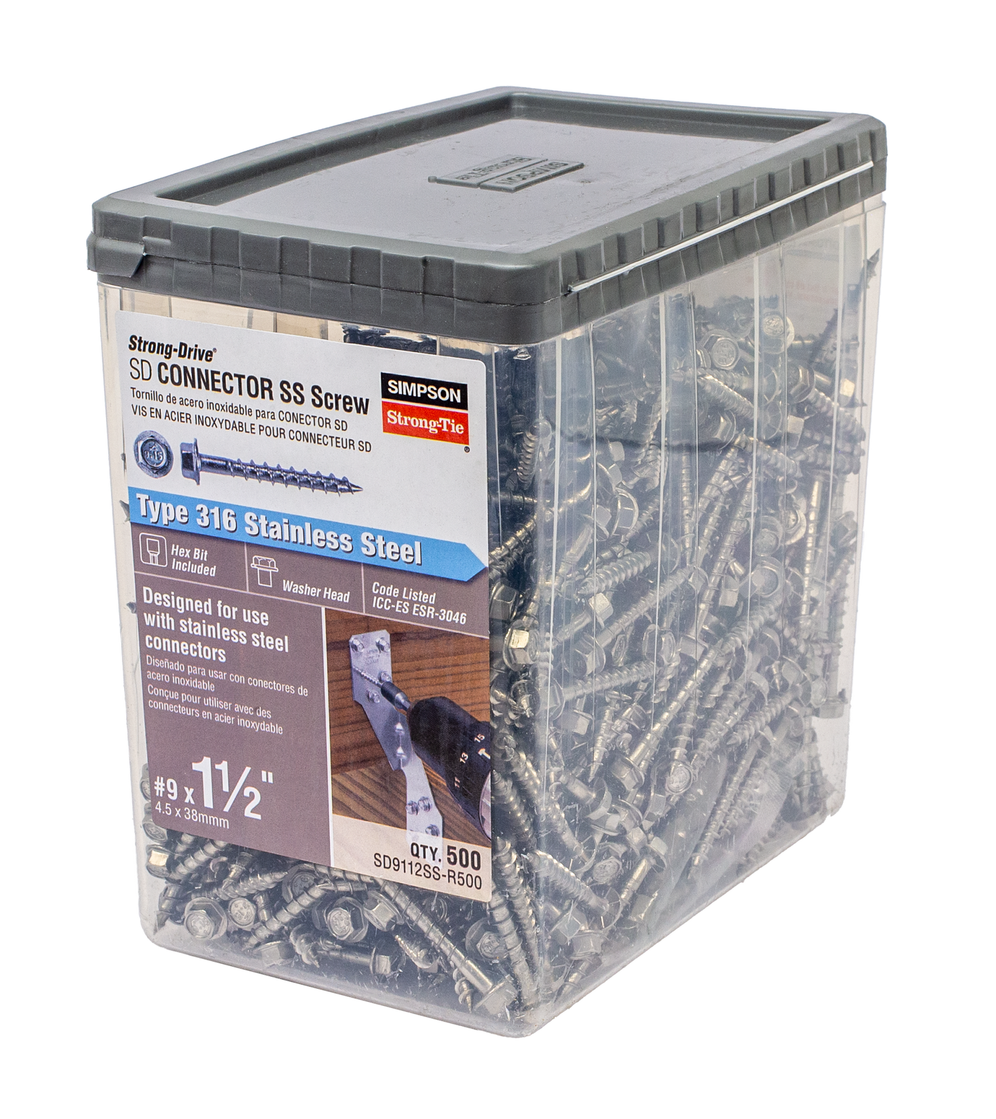 Simpson Strong-Tie SD9112SS-R500 Strong-Drive® SD CONNECTOR SS Screw — #9 x 1-1/2 in. 1/4-Hex Drive, Type 316 (500-Qty) (Pack of 3)