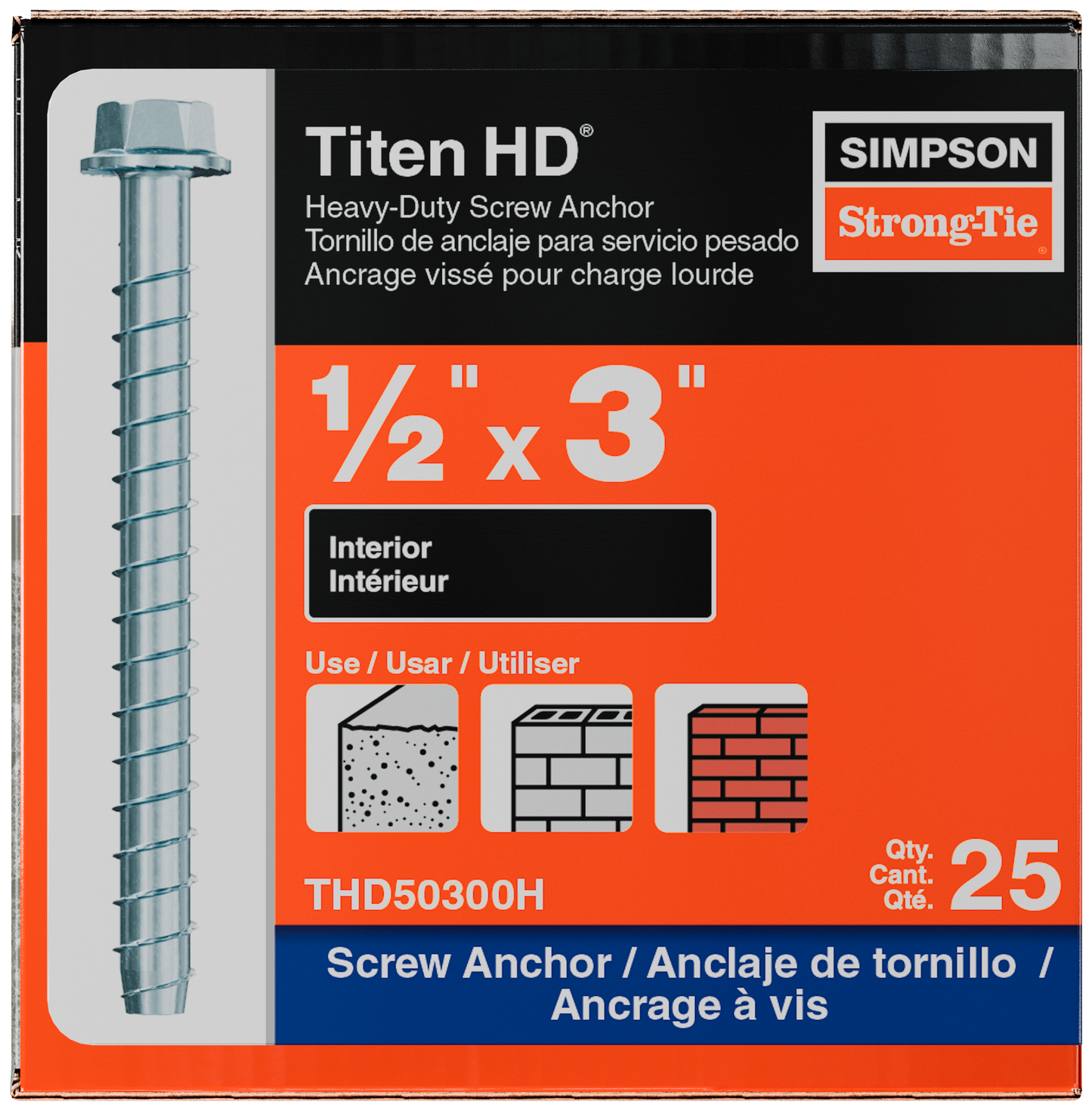 Simpson Strong-Tie THD50300H Titen HD (1/2" x 3") Heavy-Duty Screw Anchor - Zinc Plated (25 Pack)