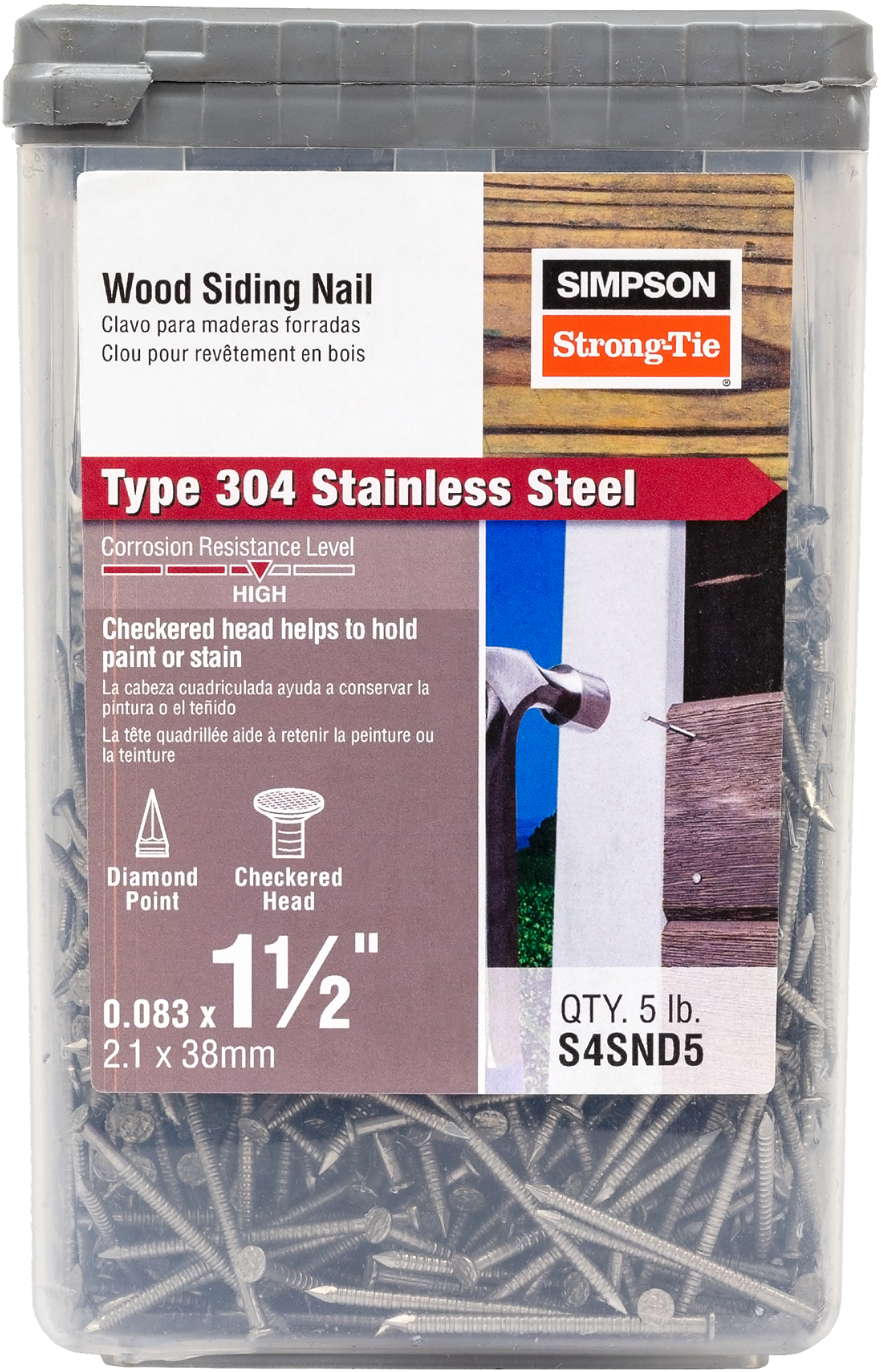 Simpson Strong-Tie S4SND5 Wood Siding Nail — 1-1/2-in. x .083-in. Type 304 Stainless Steel (5 lb.) (Pack of 6)