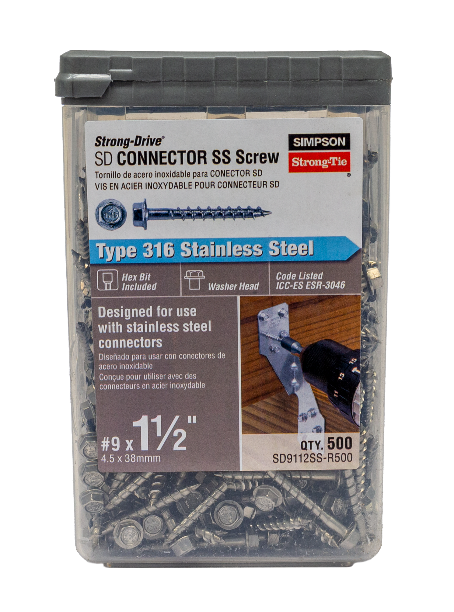 Simpson Strong-Tie SD9112SS-R500 Strong-Drive® SD CONNECTOR SS Screw — #9 x 1-1/2 in. 1/4-Hex Drive, Type 316 (500-Qty) (Pack of 3)