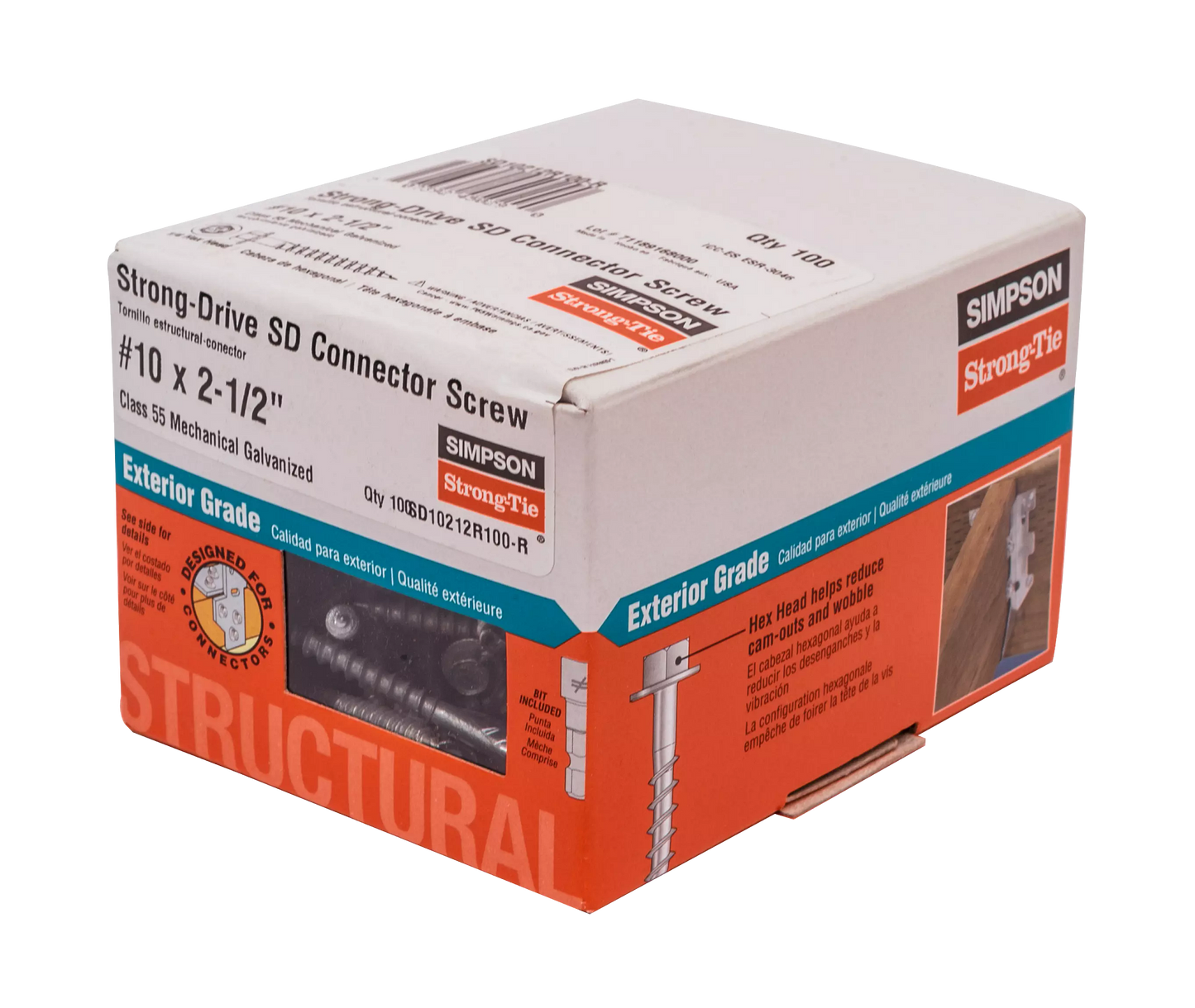Simpson Strong-Tie SD10212R100-R Strong-Drive® SD CONNECTOR Screw — #10 x 2-1/2 in. 1/4-Hex Drive, Mech. Galv. (100-Qty) (Pack of 4)