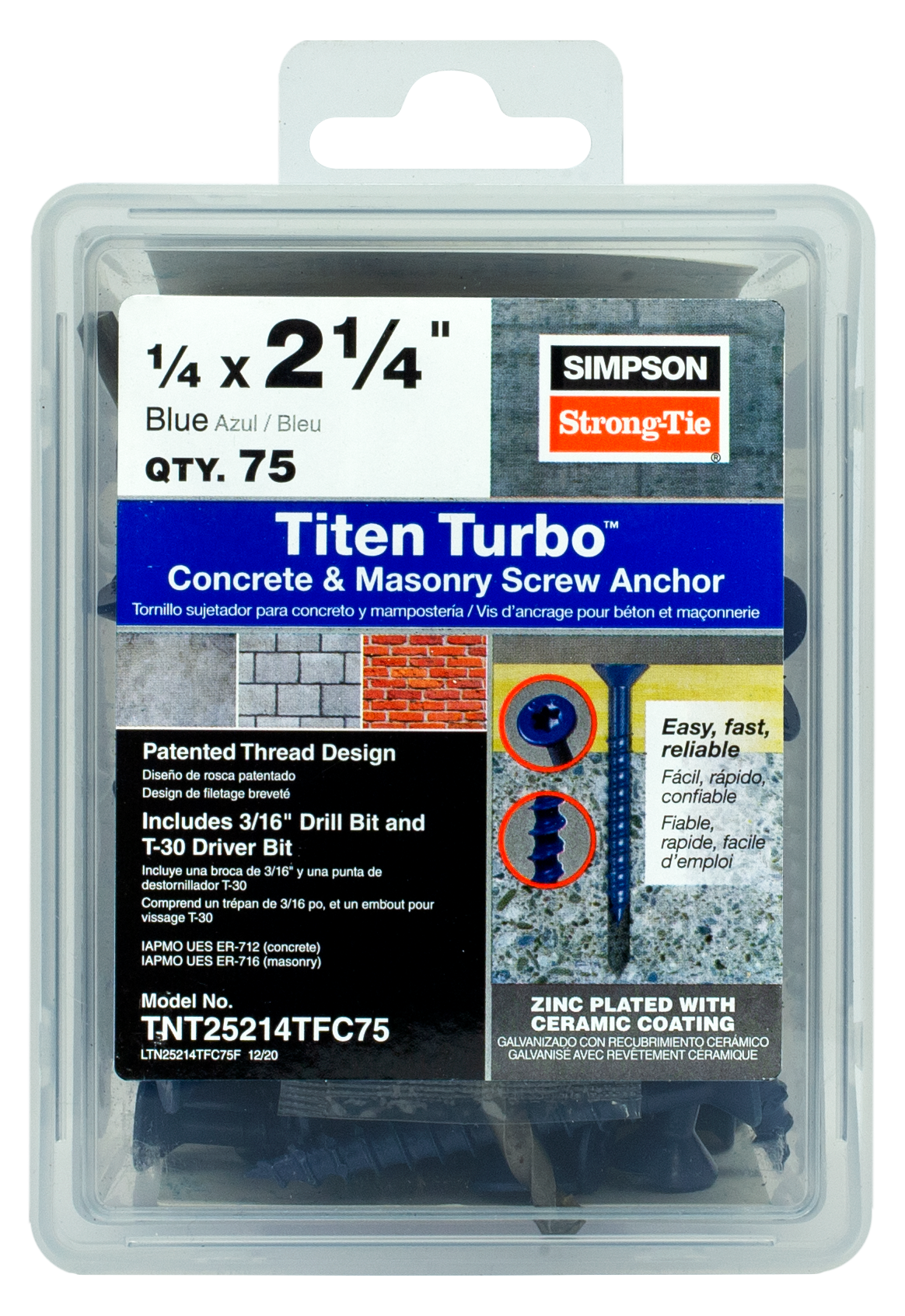 Simpson Strong-Tie TNT25214TFC75 Titen Turbo™ — 1/4 in. x 2-1/4 in. 6-Lobe Flat-Head Concrete and Masonry Screw, Blue (75-Qty)