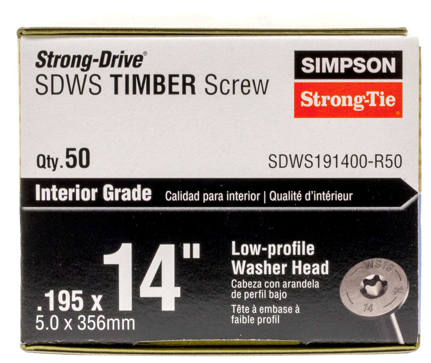 Simpson Strong-Tie SDWS191400-R50 Strong-Drive® SDWS™ TIMBER Screw (Interior) — 0.195 in. x 14 in. E-coat® (50-Qty) (Pack of 96)