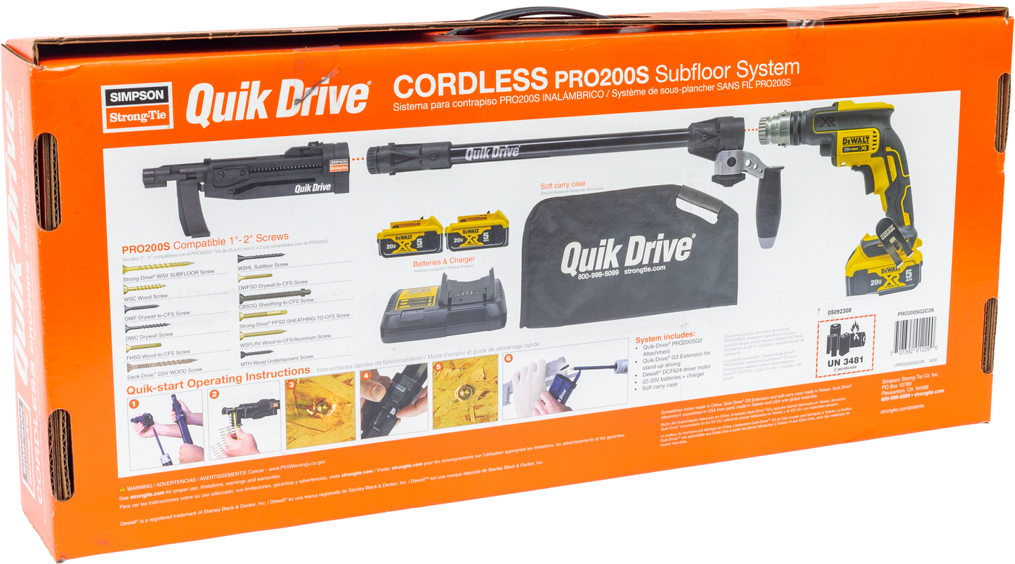 Simpson Strong-Tie PRO200SG2C2K Quik Drive® Cordless PRO200S Multi-Purpose System w/ DeWalt® 2500 RPM Screwdriver Motor (Pack of 60)