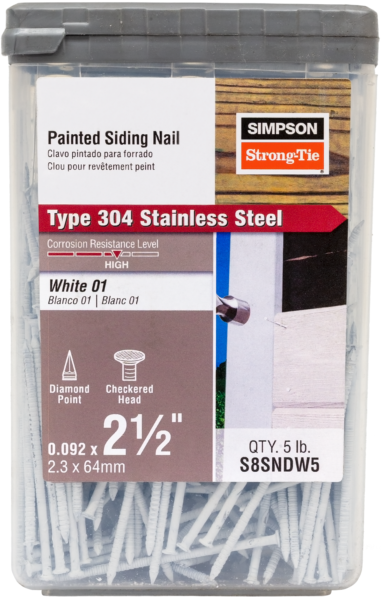 Simpson Strong-Tie S8SNDW5 Painted Siding Nail — 2-1/2 in. x .092 in. Type 304 Stainless Steel, White (5 lb.) (Pack of 300)