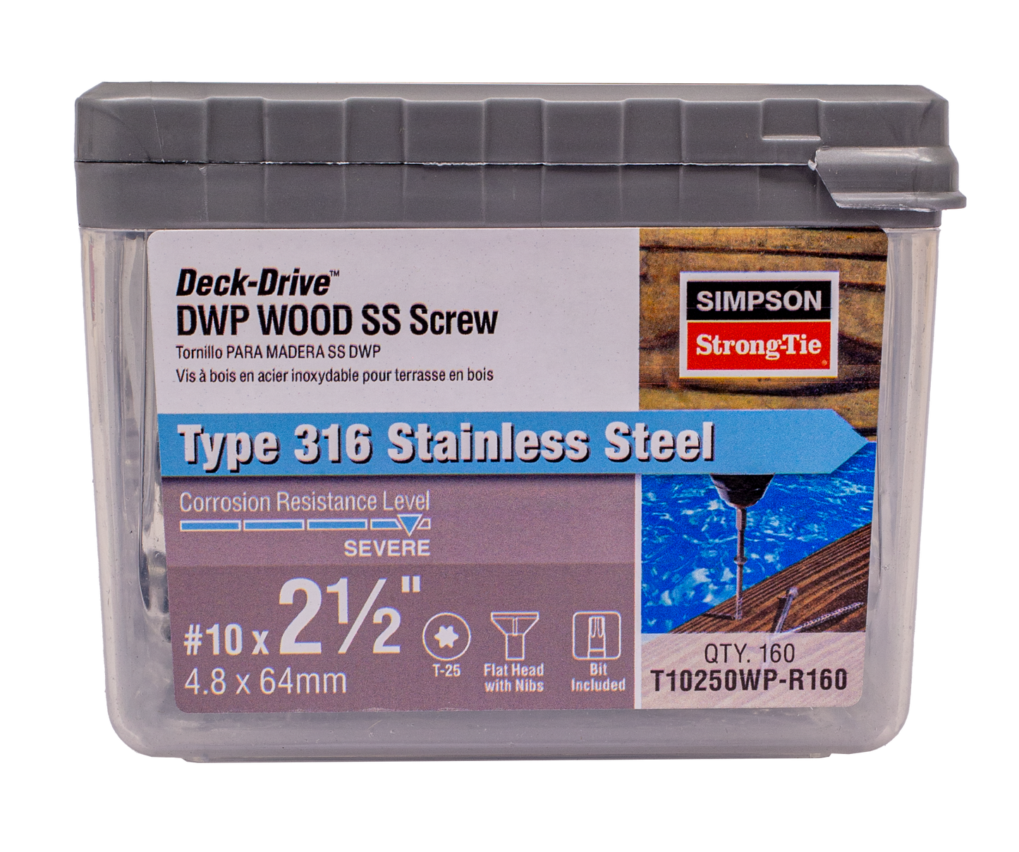 Simpson Strong-Tie T10250WP-R160 Deck-Drive™ DWP WOOD SS Screw — #10 x 2-1/2 in. T25, Flat Head, Type 316 (160-Qty) (Pack of 6)