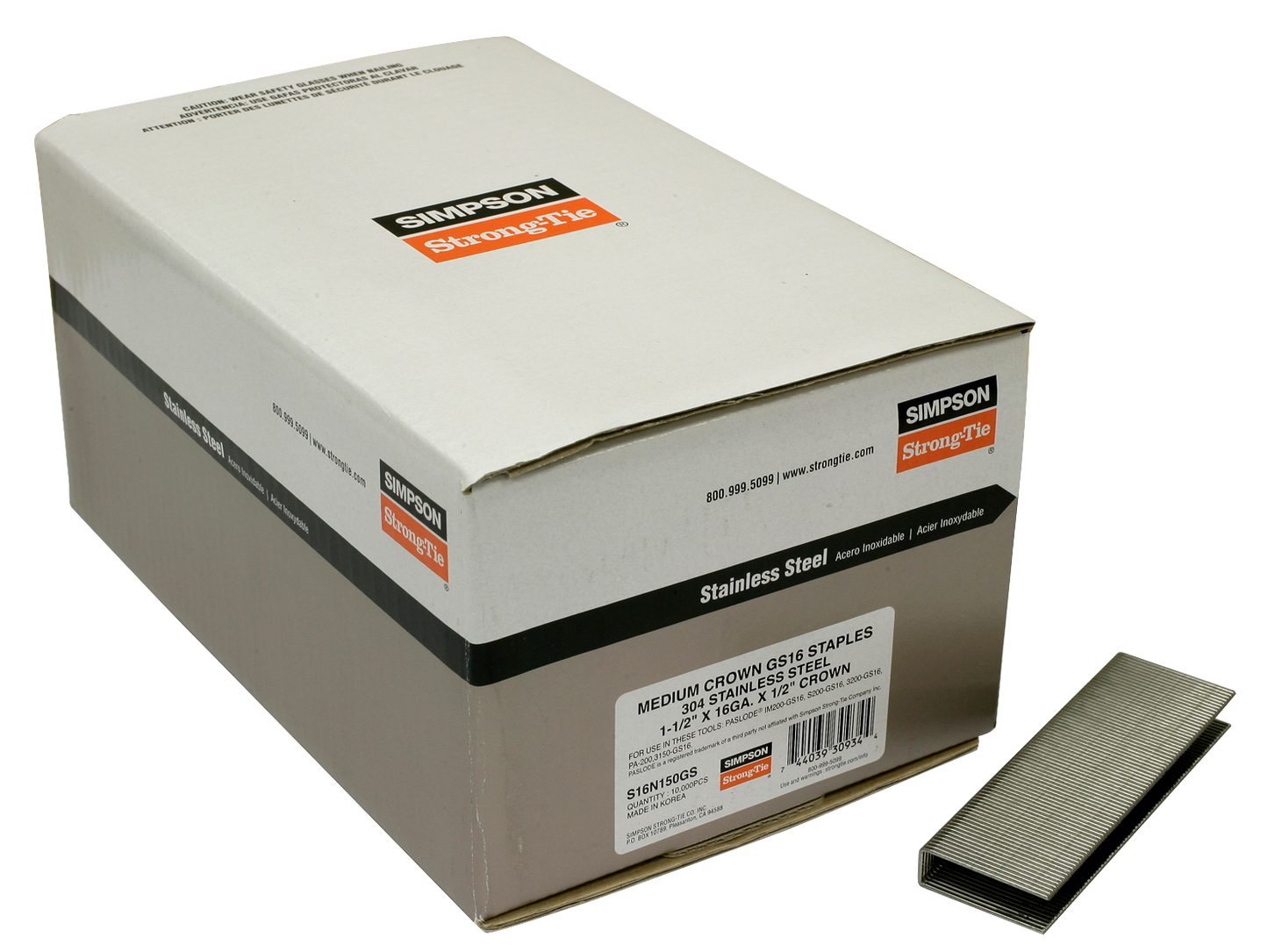 Simpson Strong-Tie S16N150GS 1/2-in. Crown, 16-Gauge Staples — 1-1/2 in. Type 304 Stainless Steel (10,000-Qty)
