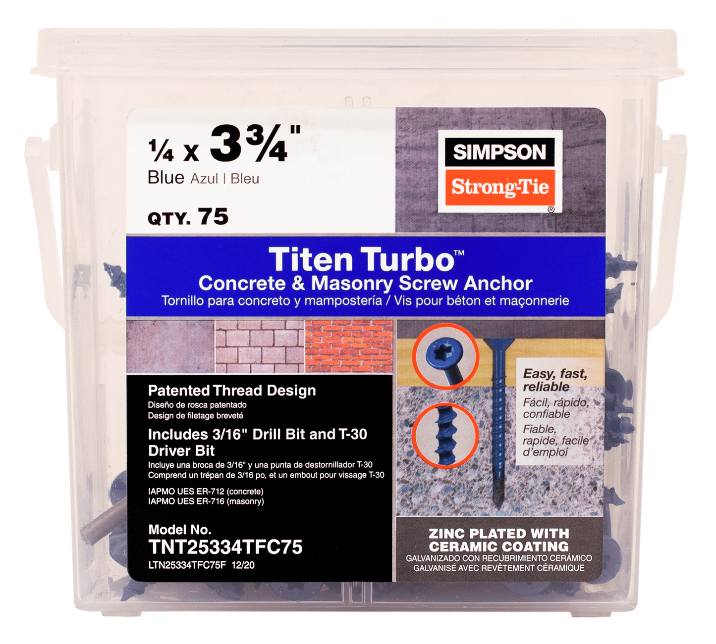 Simpson Strong-Tie TNT25334TFC75 Titen Turbo™ — 1/4 in. x 3-3/4 in. 6-Lobe Flat-Head Concrete and Masonry Screw, Blue (75-Qty) (Pack of 336)