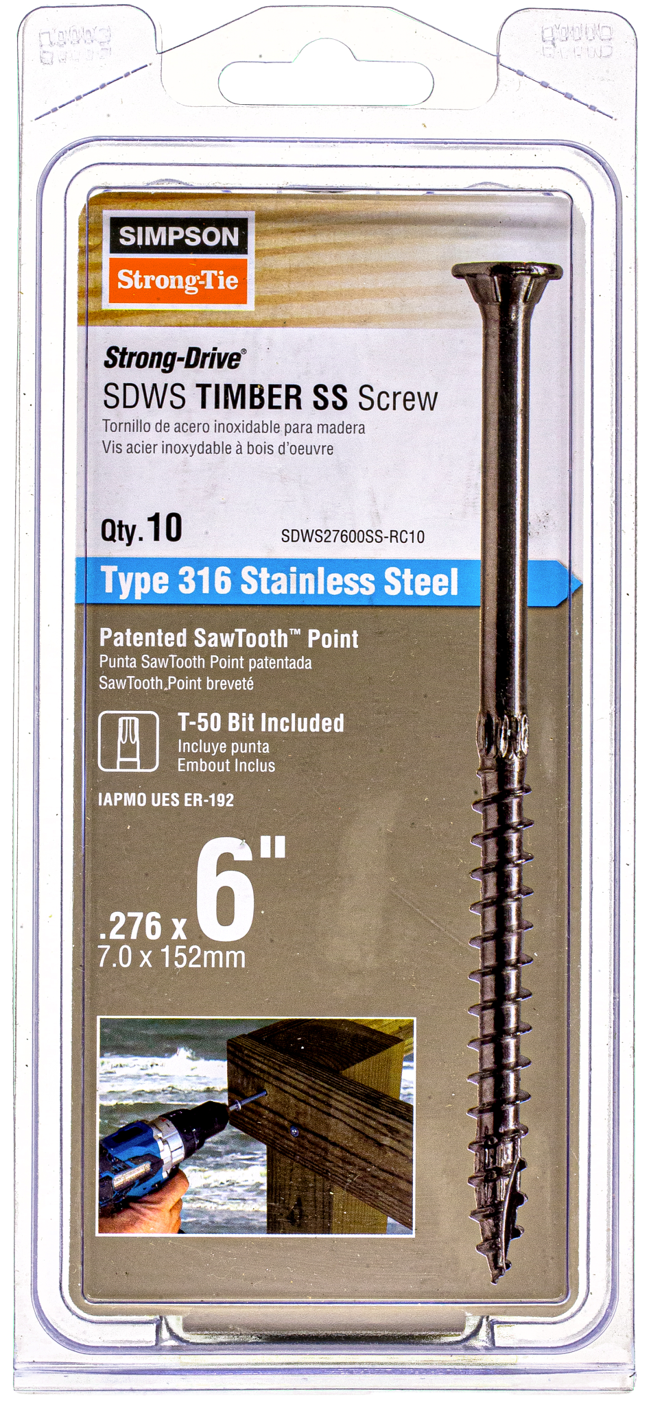 Simpson Strong-Tie SDWS27600SS-RC10 Strong-Drive® SDWS™ TIMBER Screw — 0.275 in. x 6 in. T50, Type 316 (10-Qty) (Pack of 10)