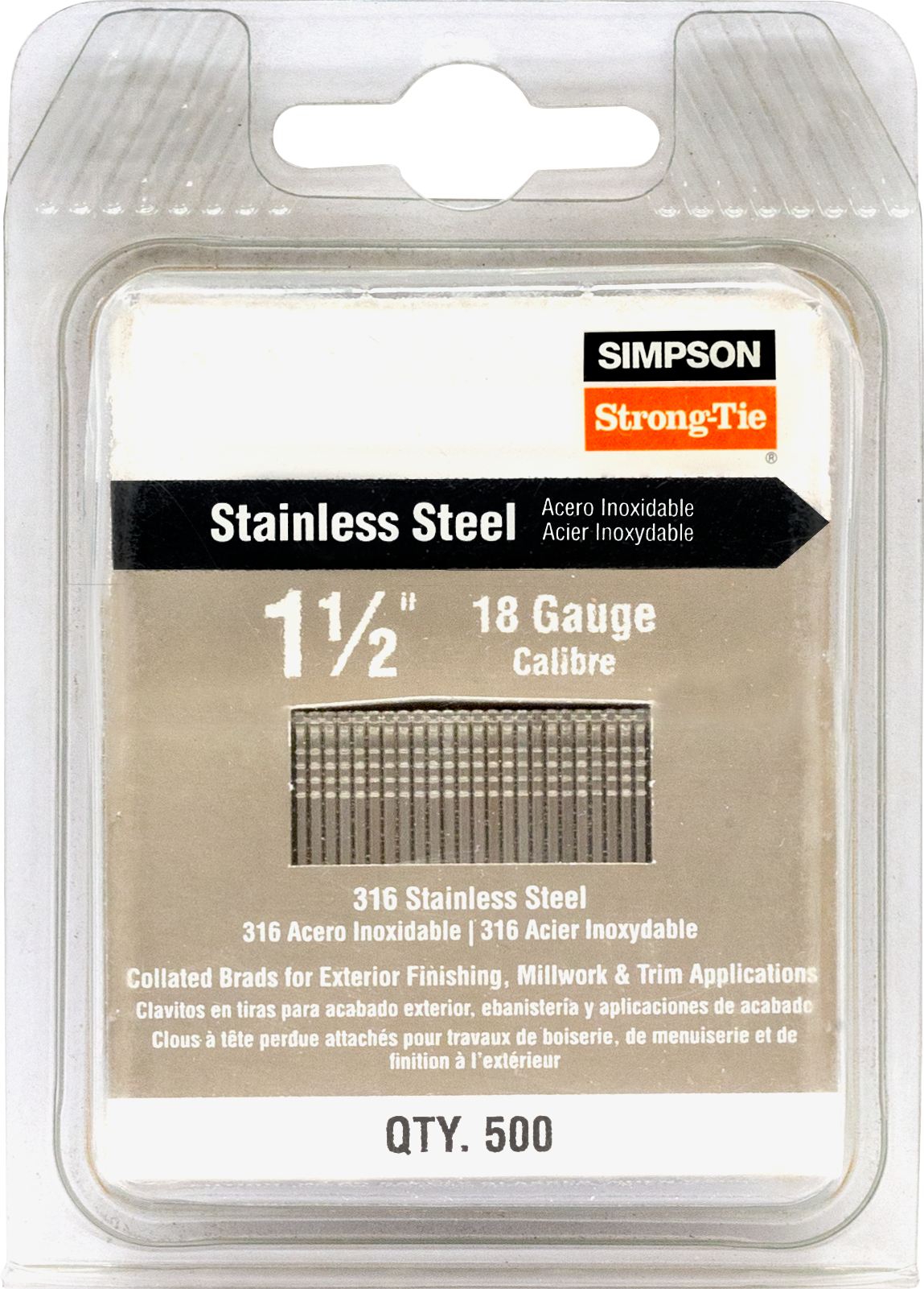Simpson Strong-Tie T18N150FNB Straight, Adhesive Collation, T-Style Head, 18-Gauge Brads — 1-1/2 in. Type 316 (500-Qty) (Pack of 5)