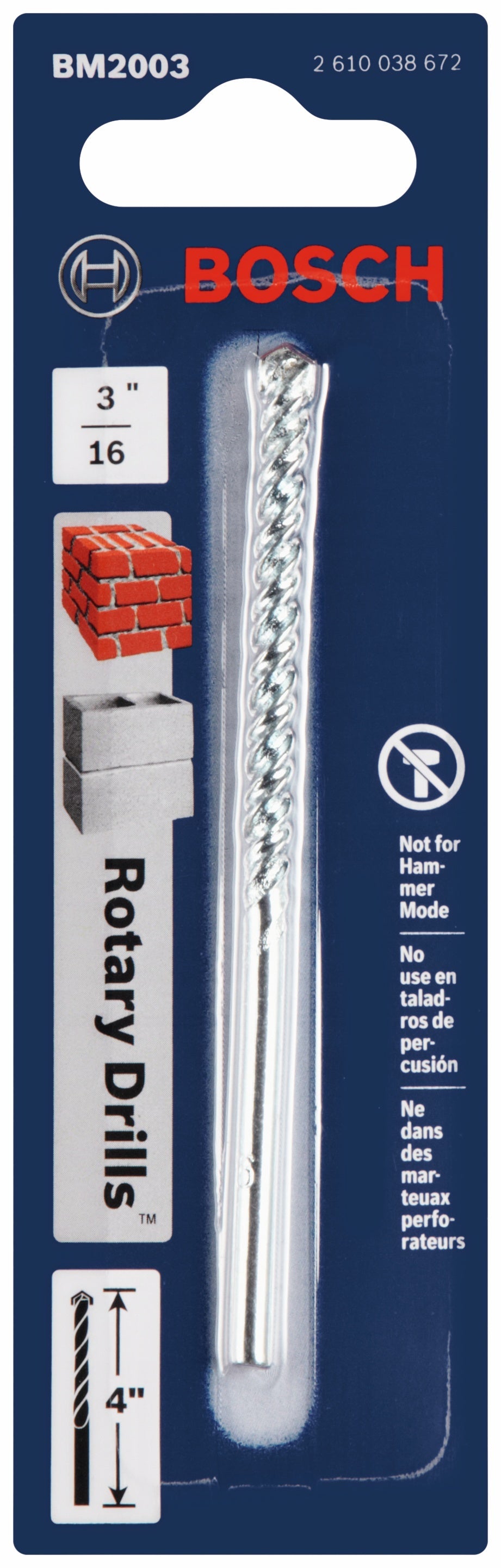BOSCH BM2003 3/16 In. X 2 In. X 4 In. Fast Spiral Rotary Masonry Drill Bit