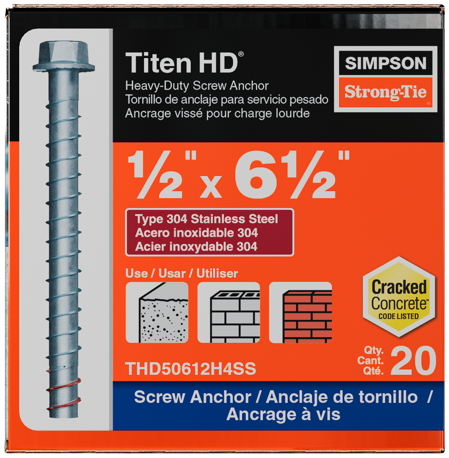 Simpson Strong-Tie THD50612H4SS Titen HD® 1/2 in. x 6-1/2 in. Type 304 Stainless Steel Heavy-Duty Screw Anchor (20-Qty) (Pack of 216)