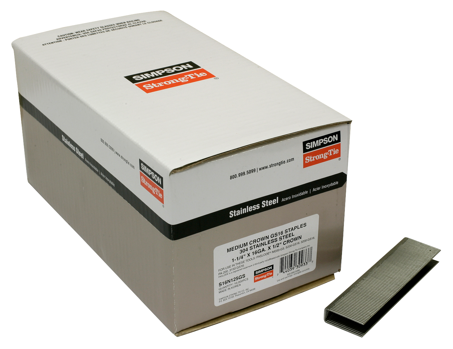 Simpson Strong-Tie S16N125GS 1/2-in. Crown, 16-Gauge Staples — 1-1/4 in. Type 304 Stainless Steel (10,000-Qty) (Pack of 2)