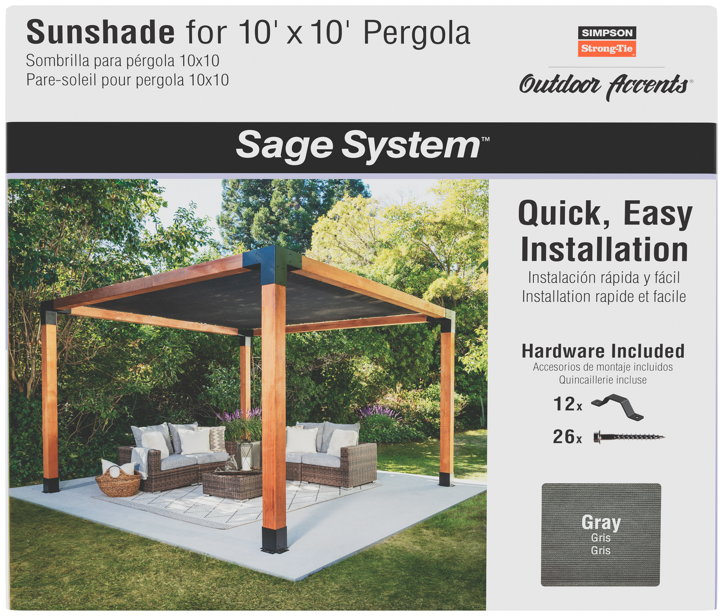 Simpson Strong-Tie SAGE-SHADE10X10G Outdoor Accents® Sage-Shade™ Sunshade for 10 ft. x 10 ft. Pergola, Gray