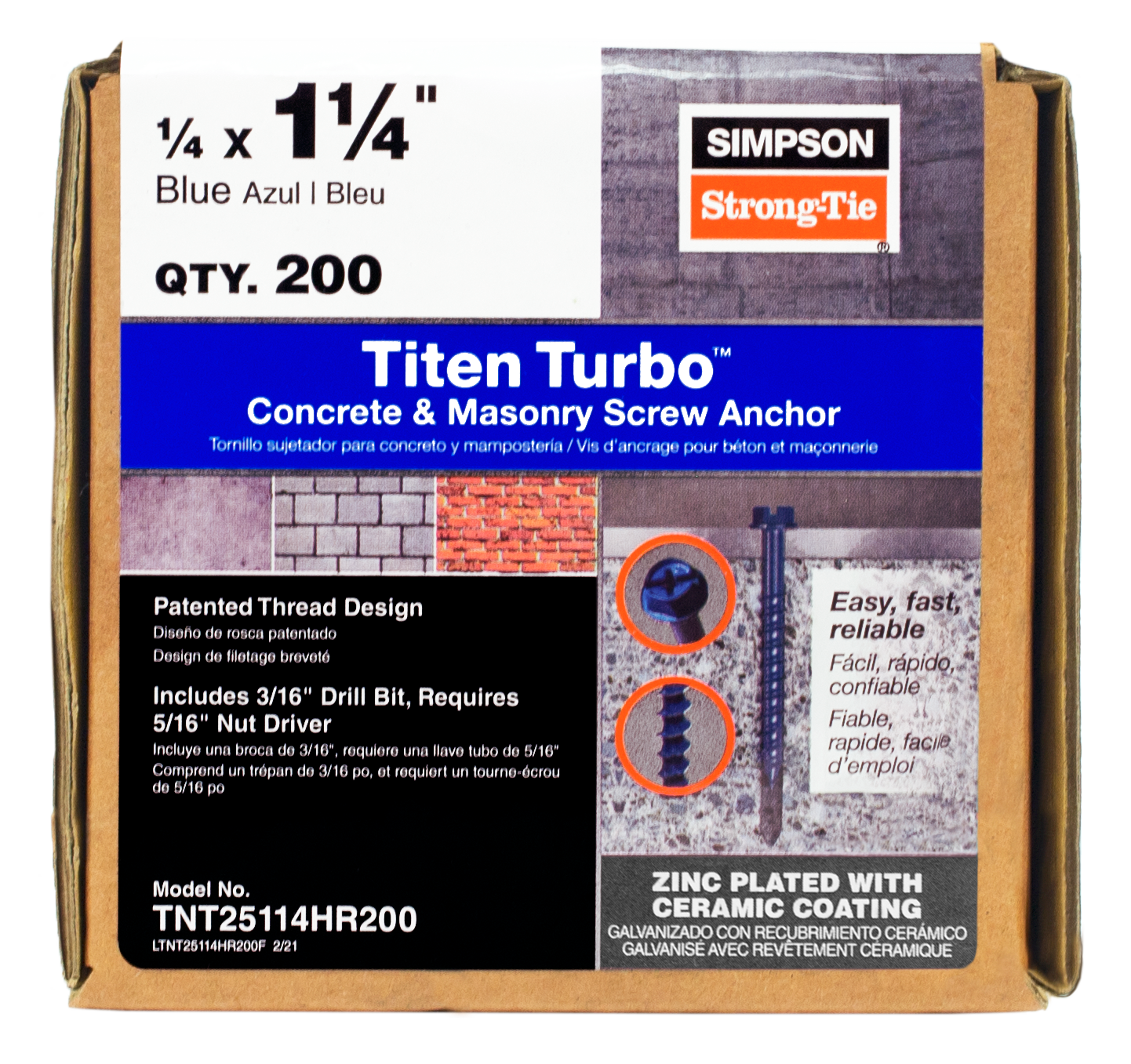 Simpson Strong-Tie TNT25114HR200 Titen Turbo™ — 1/4 in. x 1-1/4 in. Hex-Head Concrete and Masonry Screw, Blue (200-Qty) (Pack of 594)