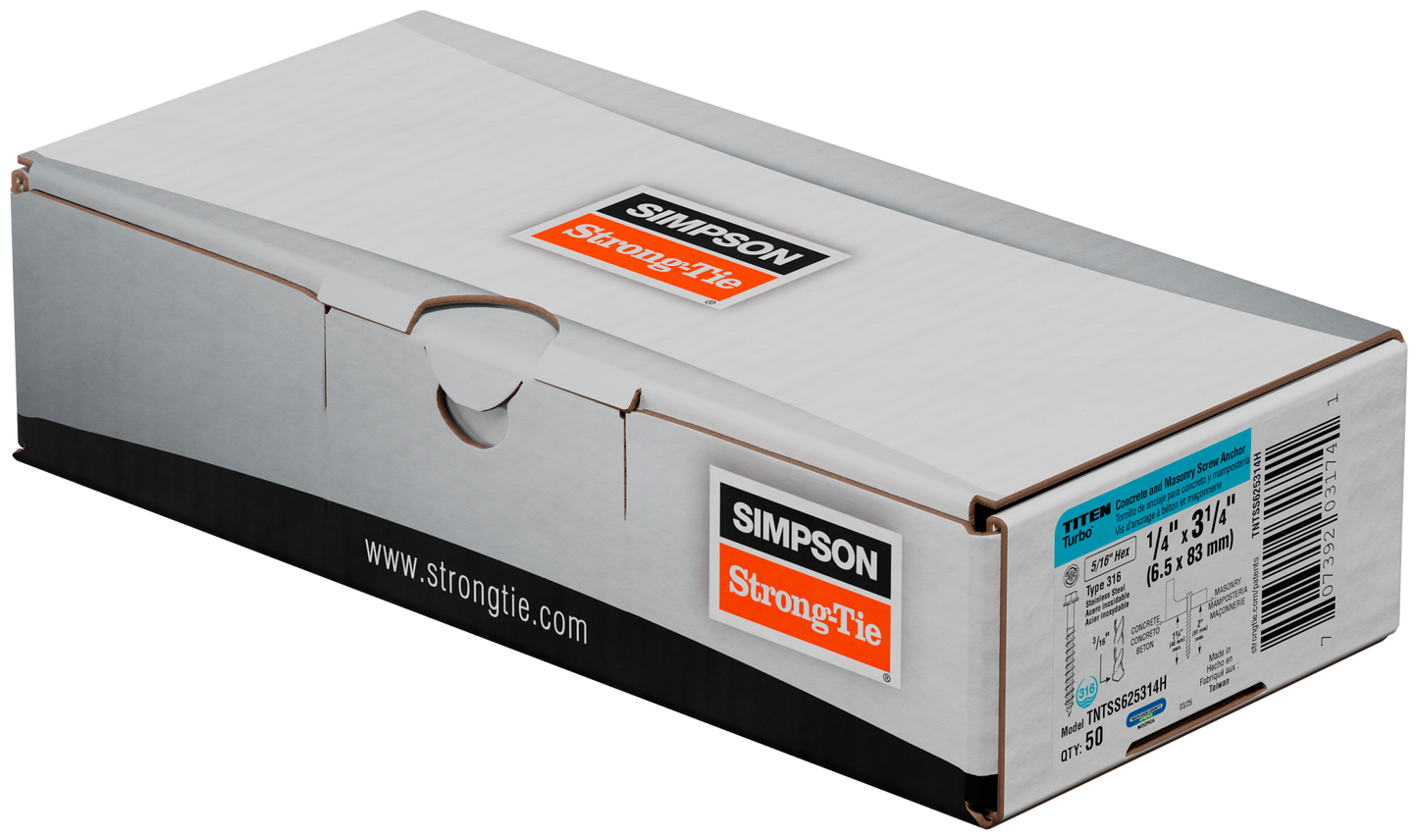 Simpson Strong-Tie TNTSS625314H Titen Turbo™ — 1/4 in. x 3-1/4 in. Type 316 Stainless-Steel Hex-Head Concrete and Masonry Screw (50-Qty)