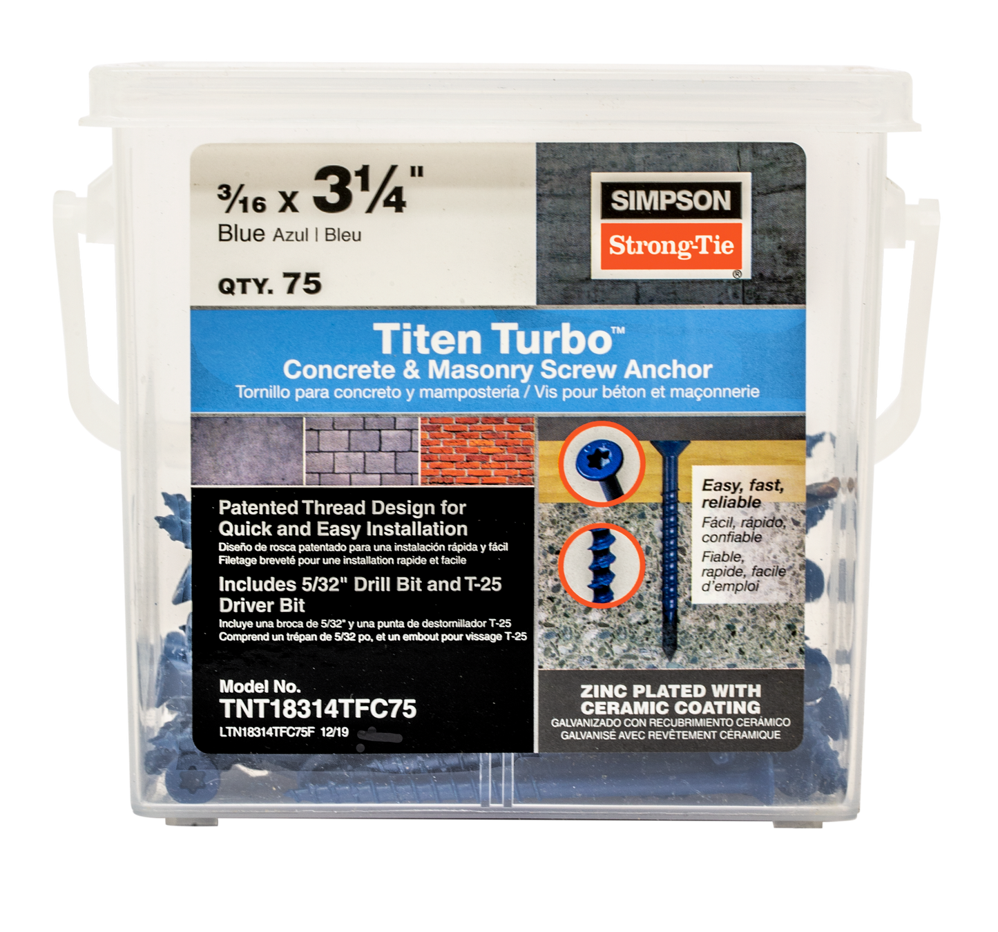 Simpson Strong-Tie TNT18314TF Titen Turbo™ — 3/16 in. x 3-1/4 in. 6-Lobe Flat-Head Concrete and Masonry Screw, Blue (100-Qty) (Pack of 4)