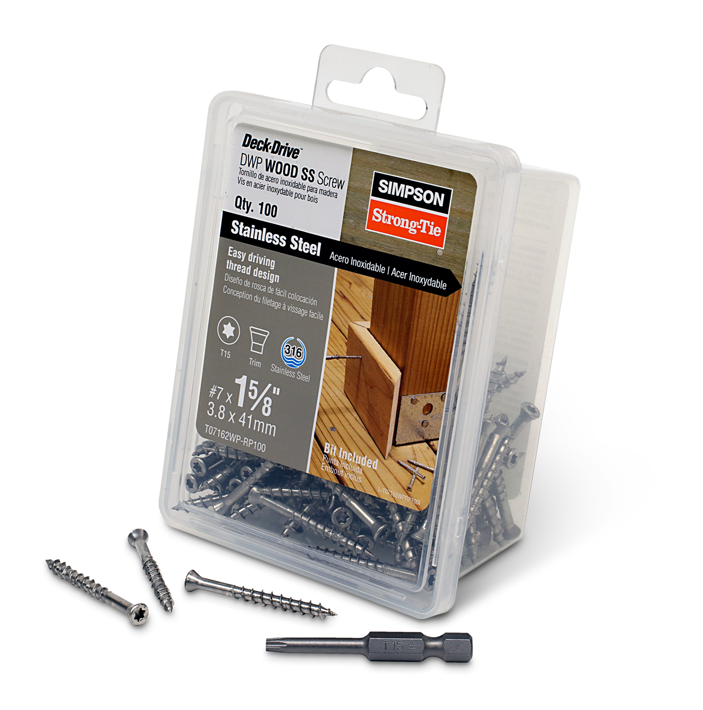 Simpson Strong-Tie T07162WP-RP100 Deck-Drive™ DWP WOOD SS Screw — #7 x 1-5/8 in. T-15, Trim Head, Type 316 (100-Qty) (Pack of 4)