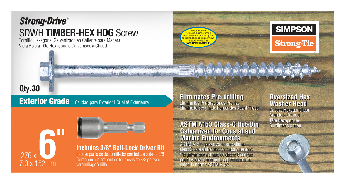 Simpson Strong-Tie SDWH27600GR30 Strong-Drive® SDWH™ TIMBER-HEX HDG Screw — 0.276 in. x 6 in. 3/8 Hex (30-Qty) (Pack of 360)