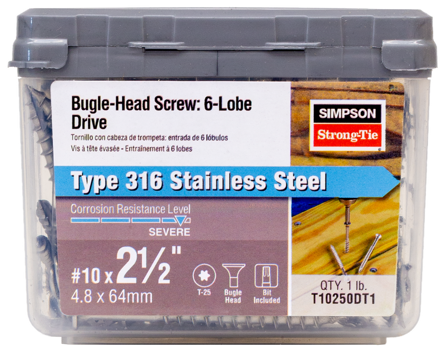 Simpson Strong-Tie T10250DT1 Bugle-Head Wood Screw, 6-Lobe Drive — #10 x 2-1/2-in. T25, Type 316 (1 lb.) (Pack of 800)