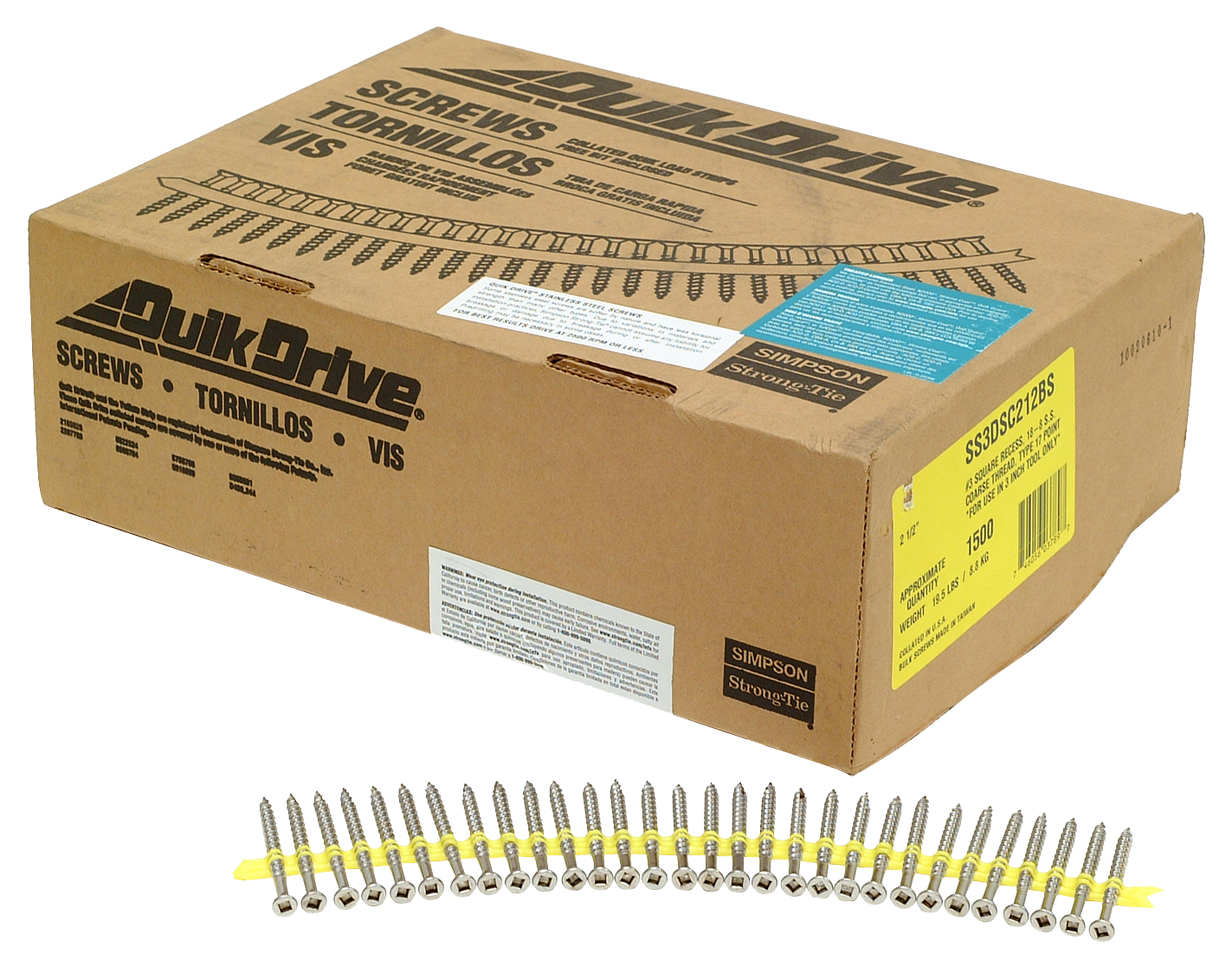 Simpson Strong-Tie SS3DSC212BS Bugle-Head Wood Screw (Collated) — #10 x 2-1/2 in. #3 Square Drive, Type 305 (1500-Qty) (Pack of 100)