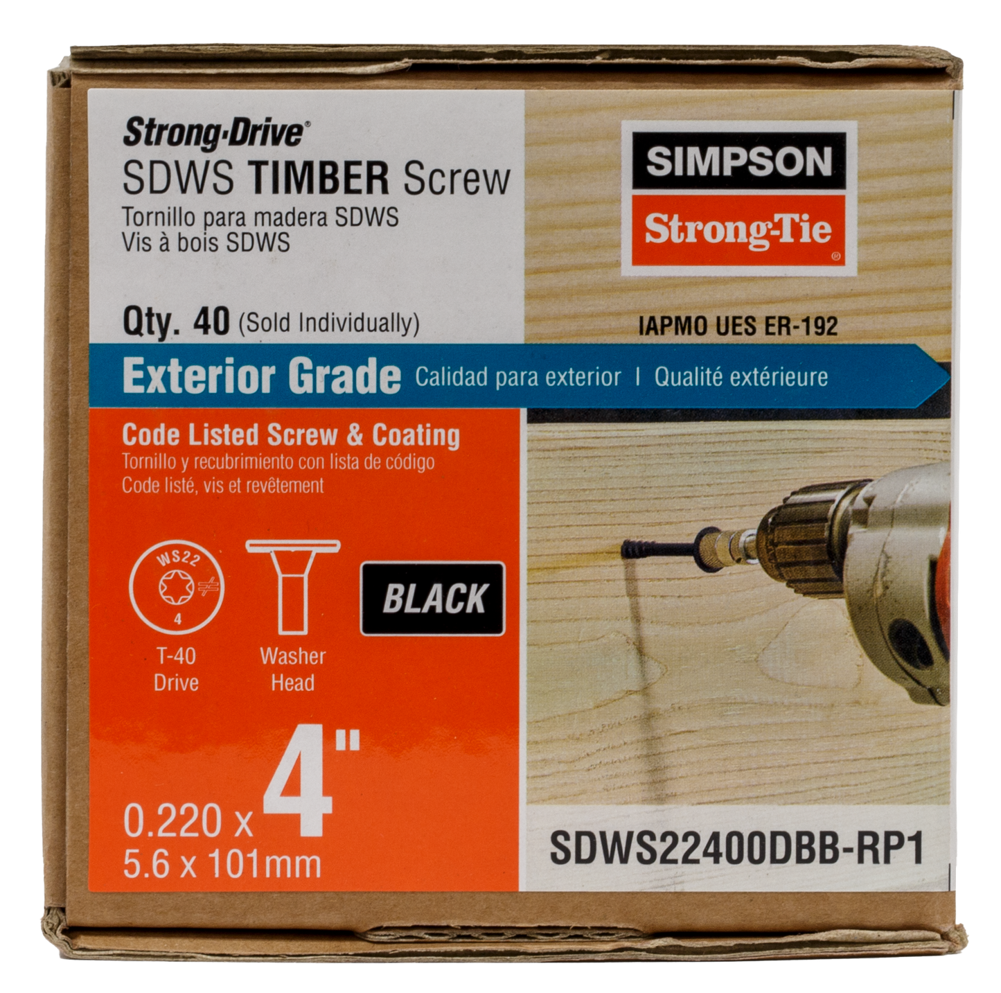 Simpson Strong-Tie SDWS22400DBB-RP1 Strong-Drive® SDWS™ TIMBER Screw (Exterior Grade) — 0.220 in. x 4 in. T40, Black