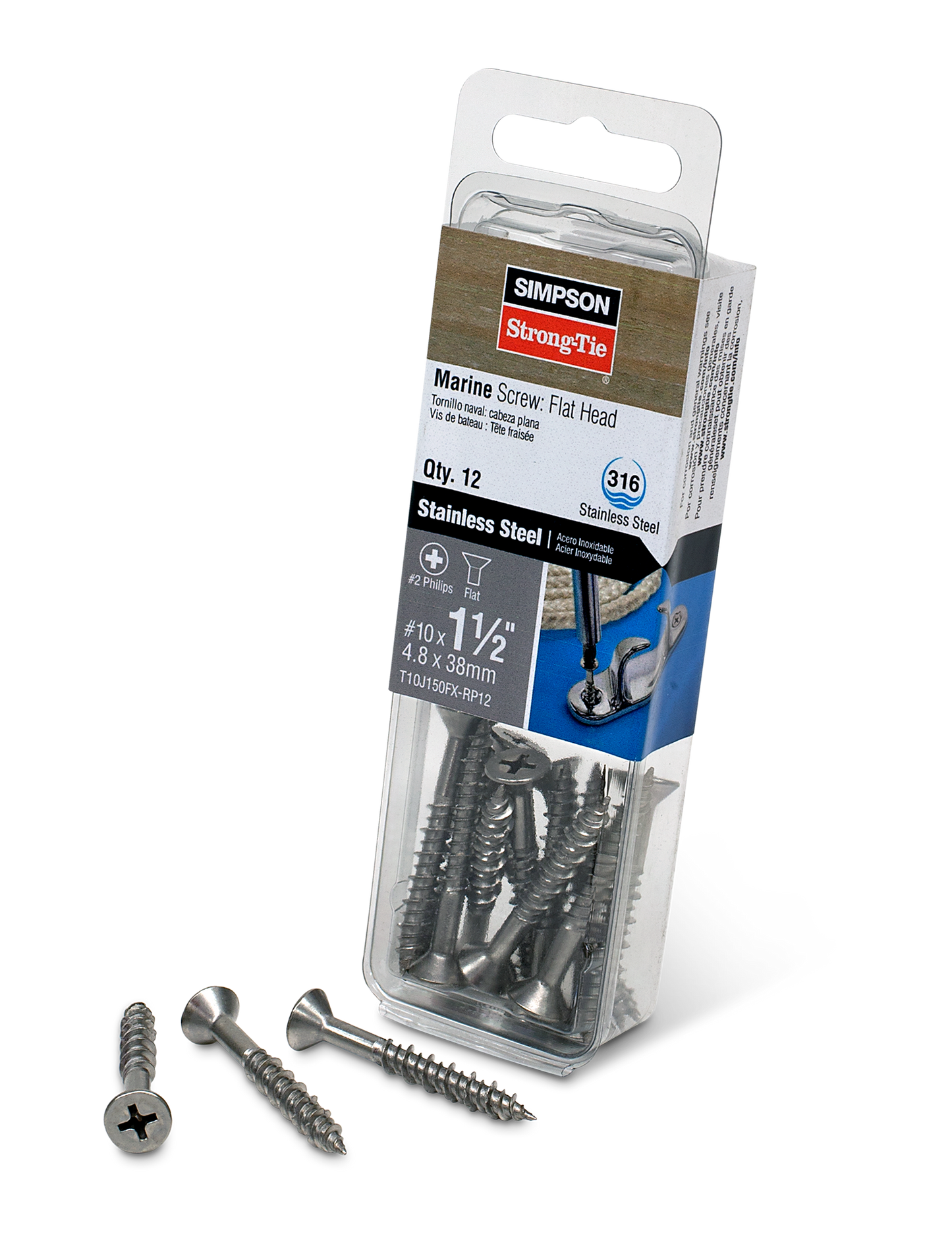 Simpson Strong-Tie T10J150FX-RP12 Marine Screw, Flat Head — #10 x 1-1/2 in. #2 Phillips Drive, Type 316 (12-Qty) (Pack of 5)
