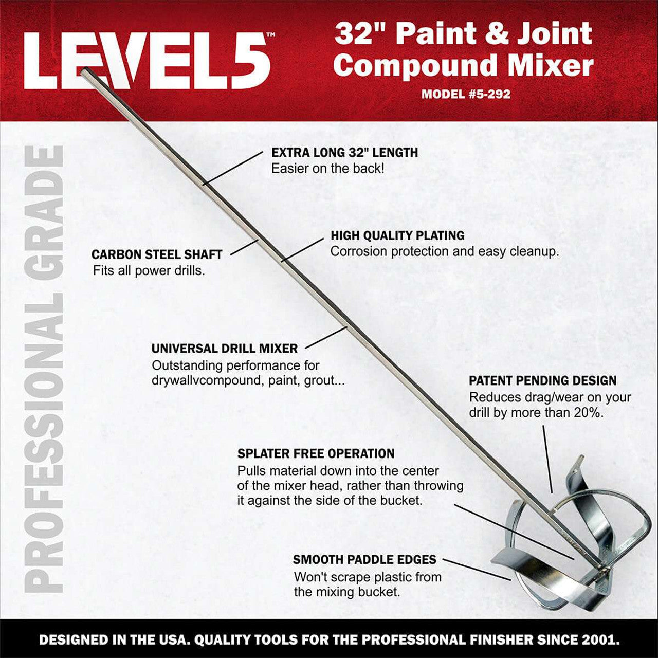 Level 5 Tools 5-292 32" Long Mixing Paddle w/ 7" Head