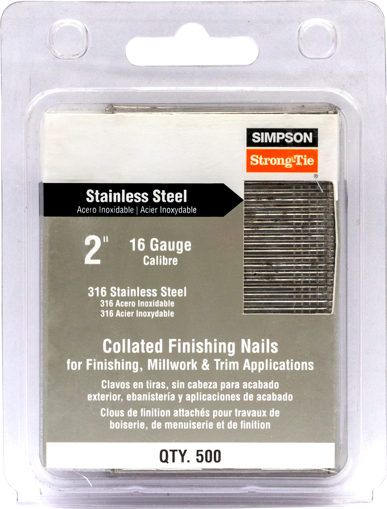Simpson Strong-Tie T16N200FNB Straight, Adhesive Collation, T-Style Head, 16-Gauge Finishing Nail — 2 in. Type 316 (500-Qty) (Pack of 5)
