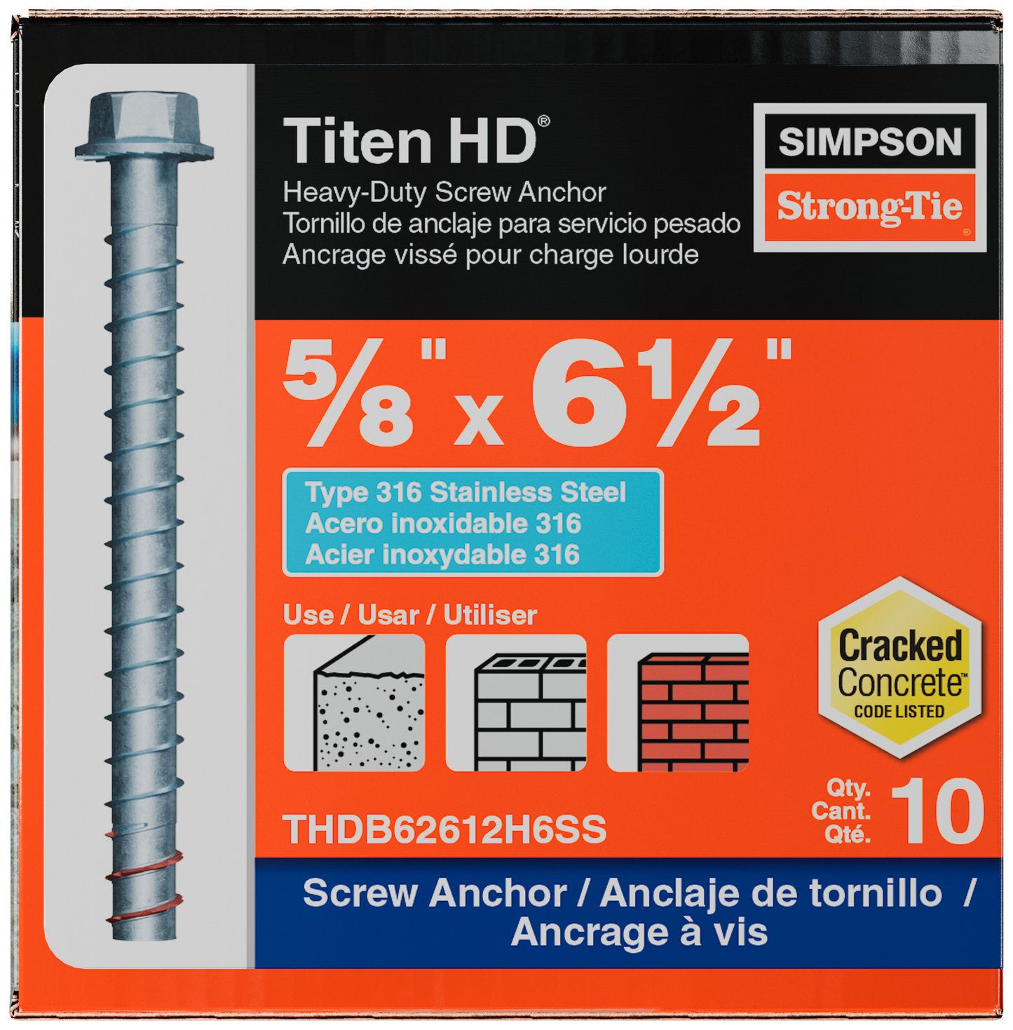 Simpson Strong-Tie THDB62612H6SS Titen HD® 5/8 in. x 6-1/2 in. Type 316 Stainless Steel Heavy-Duty Screw Anchor (10-Qty) (Pack of 4)