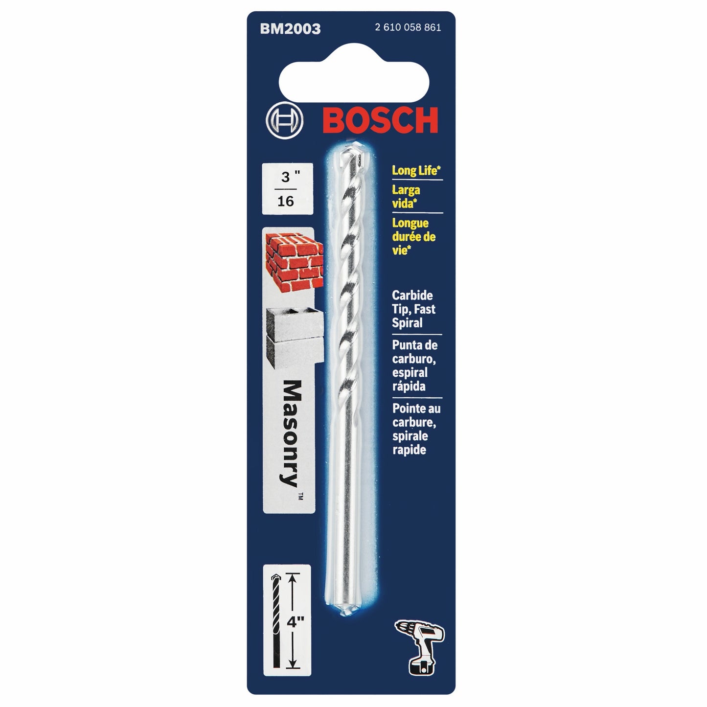 BOSCH BM2003 3/16 In. X 2 In. X 4 In. Fast Spiral Rotary Masonry Drill Bit