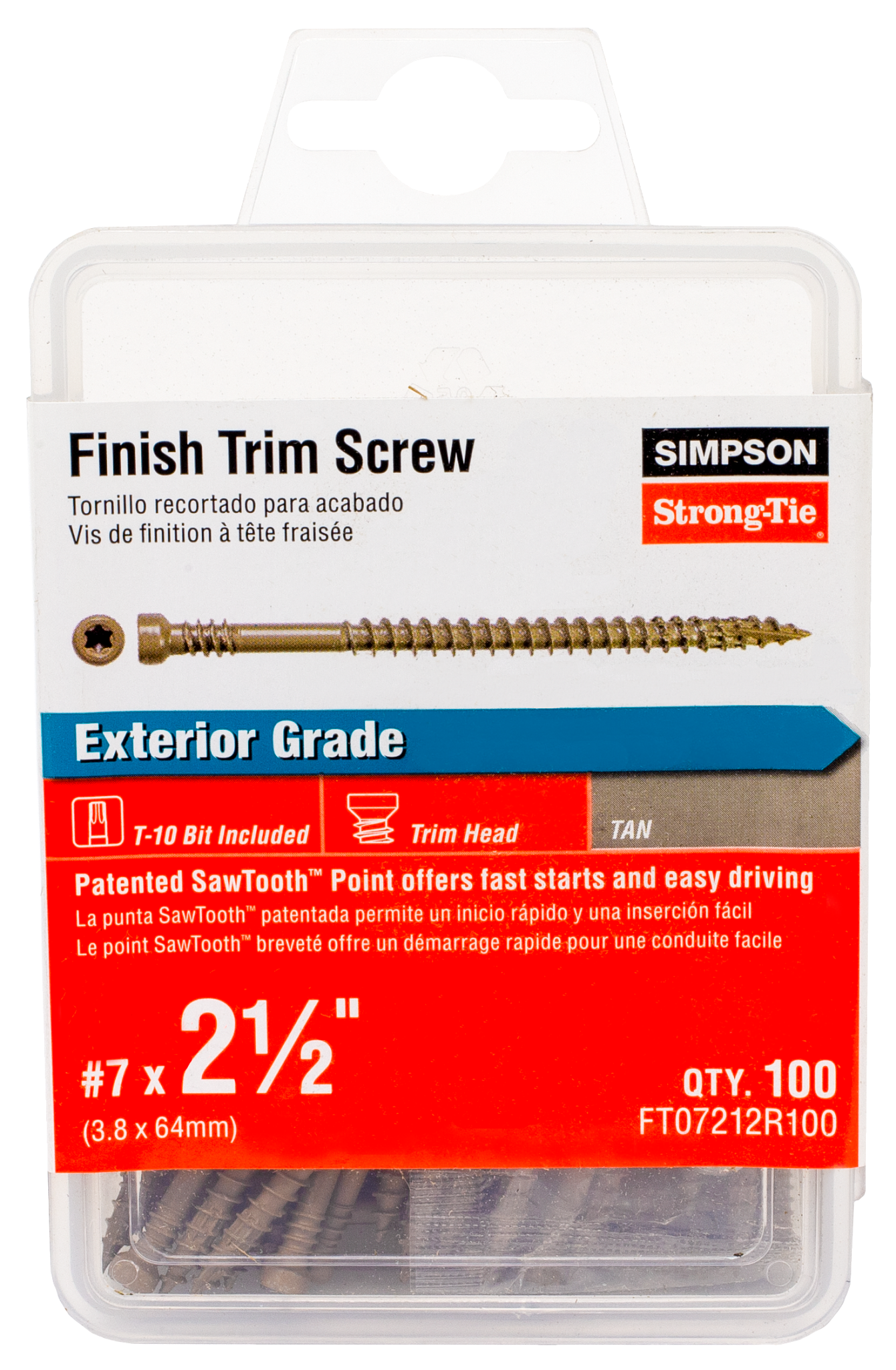 Simpson Strong-Tie FT07212R100 Finish Trim Screw — #7 x 2-1/2 in. T10, Trim-Head, Quik Guard®, Tan (100-Qty) (Pack of 5)